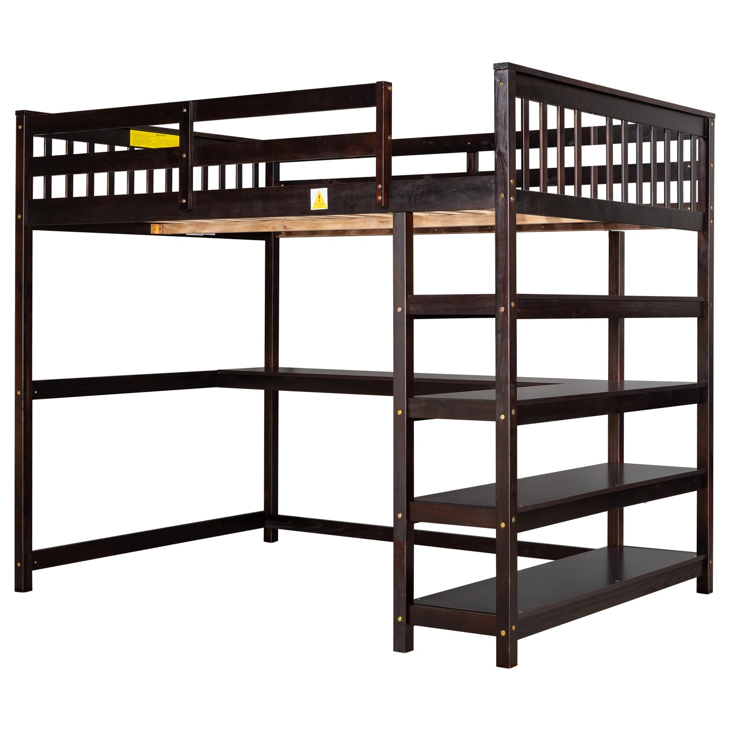 Full Size Loft Bed with Storage Shelves and Under-bed Desk, Espresso