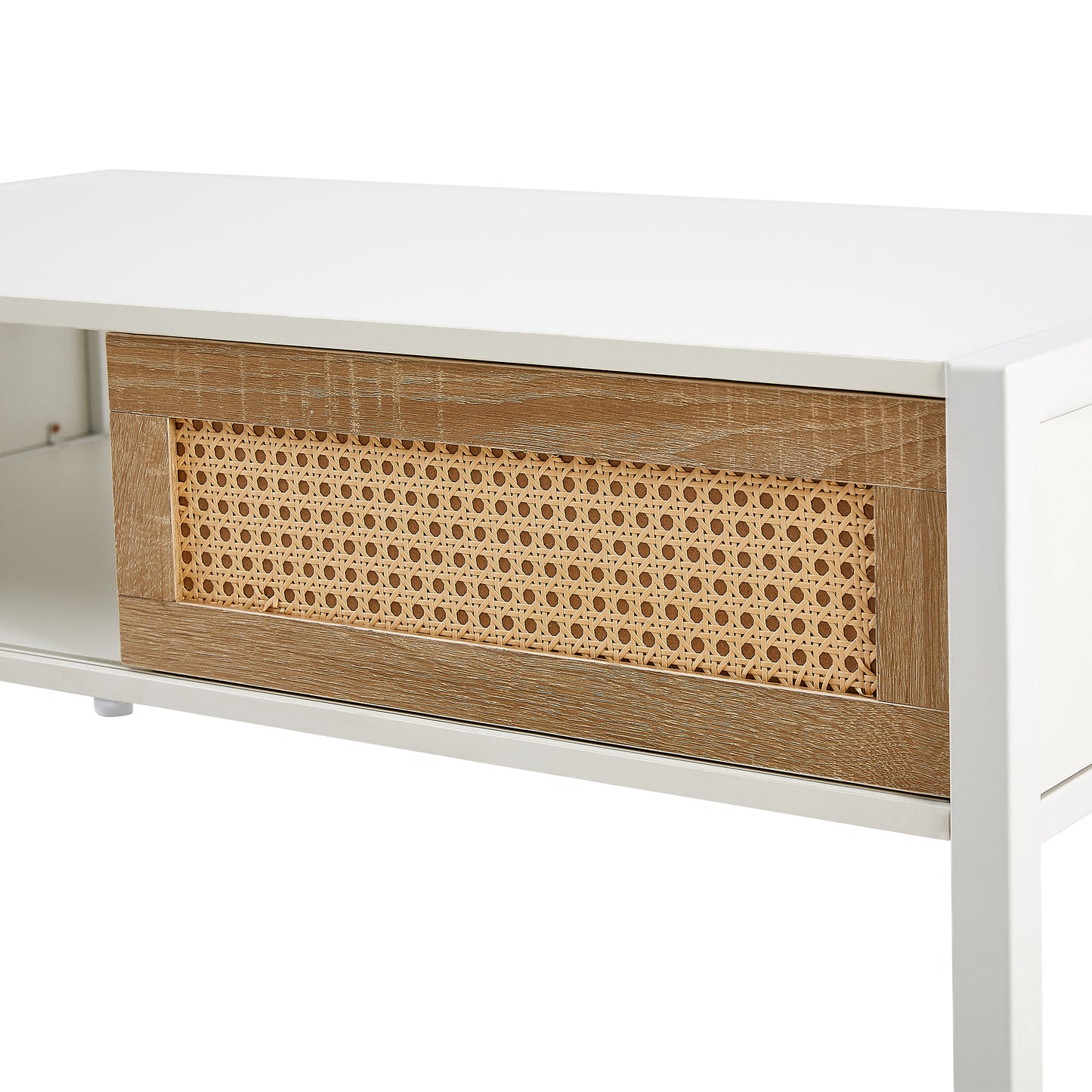 Modern White Rattan Coffee Table with Sliding Door Storage