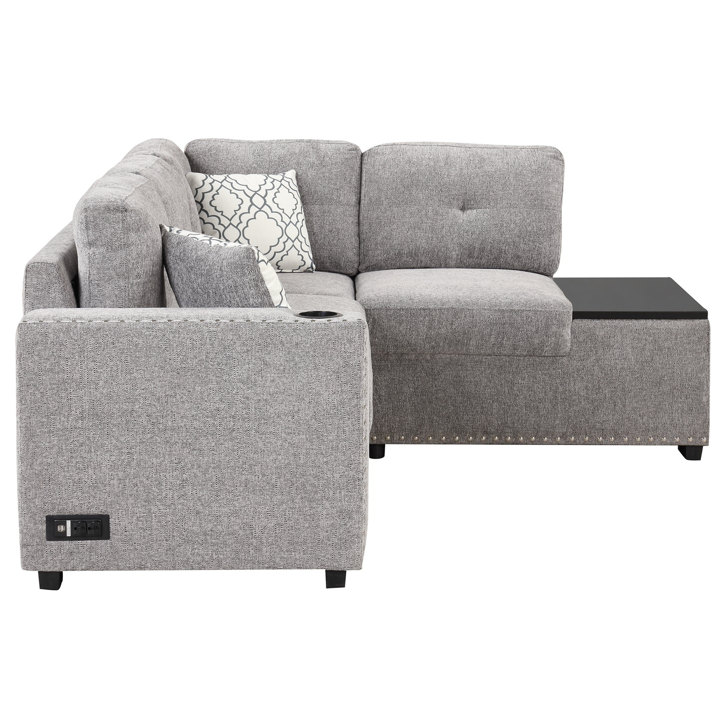 Convertible L-Shaped Sectional Sleeper Sofa with Storage Chaise and Charging Ports in Light Gray