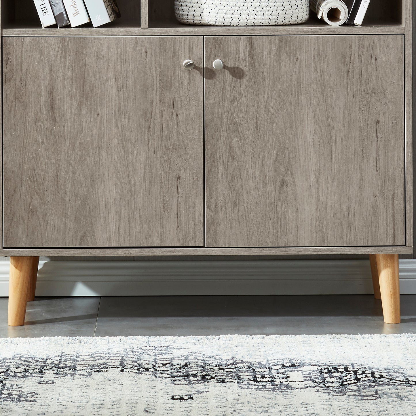 Bookcase, Bookshelf with Doors, Gray Oak