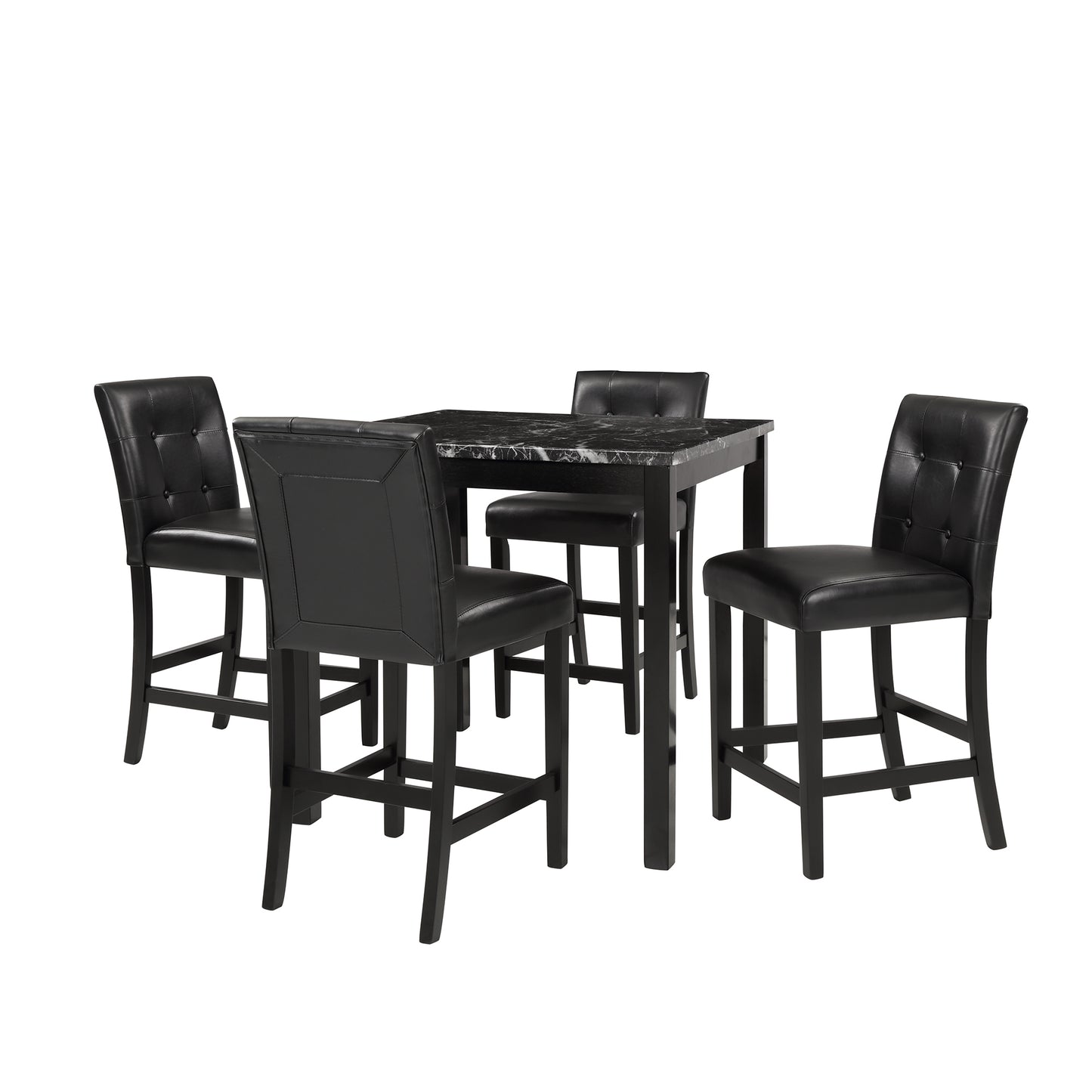 5-Piece Kitchen Table Set Faux Marble Top Counter Height Dining Table Set with 4 PU Leather-Upholstered Chairs, Black