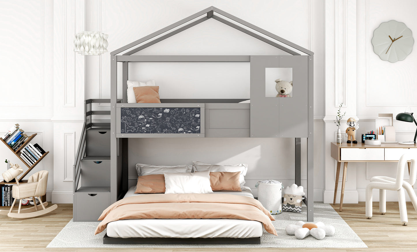 Whimsical Grey House Bunk Bed with Storage Staircase and Window