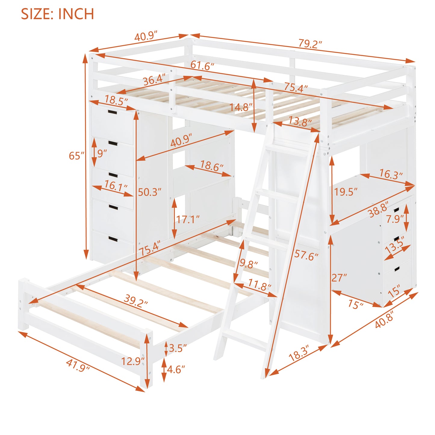 White Twin Bunk Bed with LED Light, USB Ports, and Storage Options