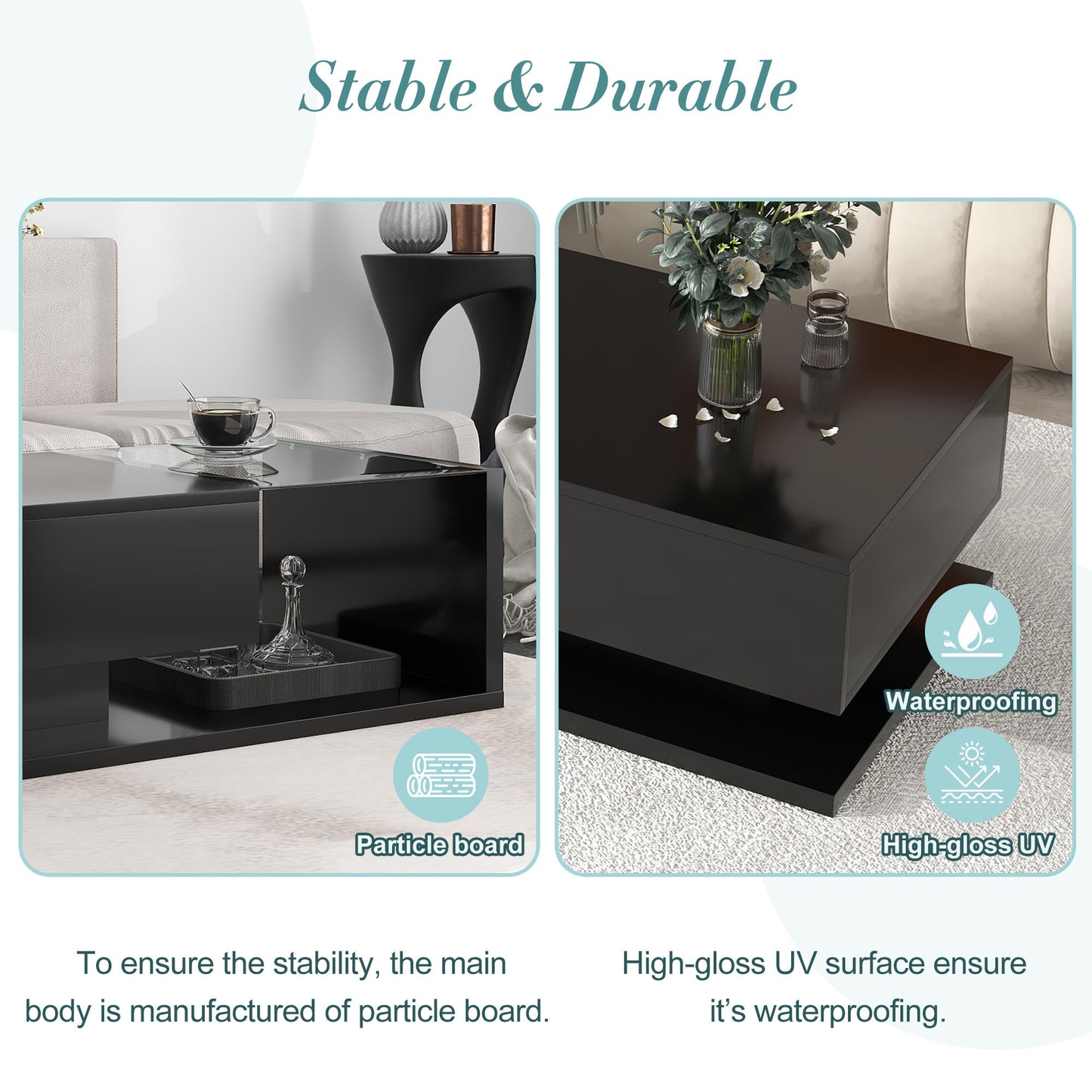 Elegant Black Modernist Coffee Table with Glass Top and Storage Shelf