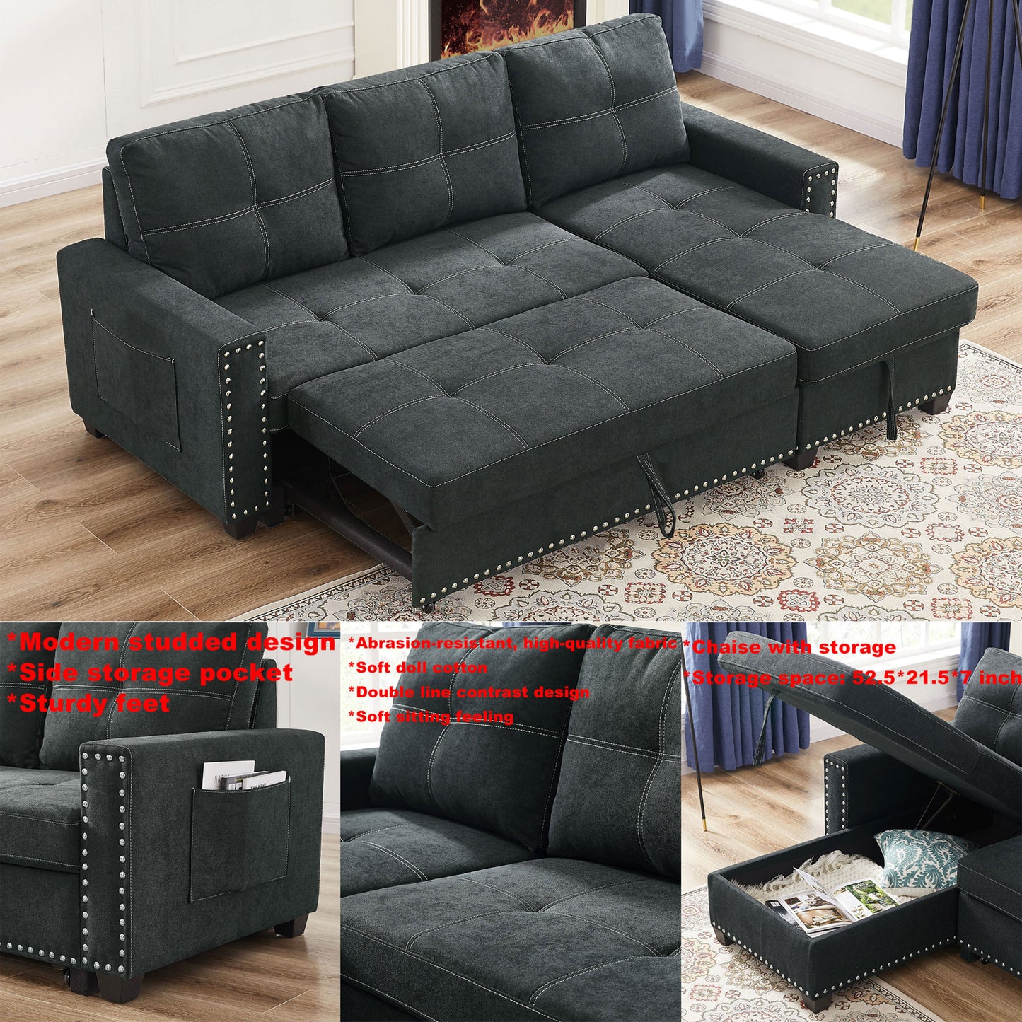 Sleeper Sofa Sectional with Reversible Storage Chaise and Side Storage Bag, Black Fabric, Modern Design