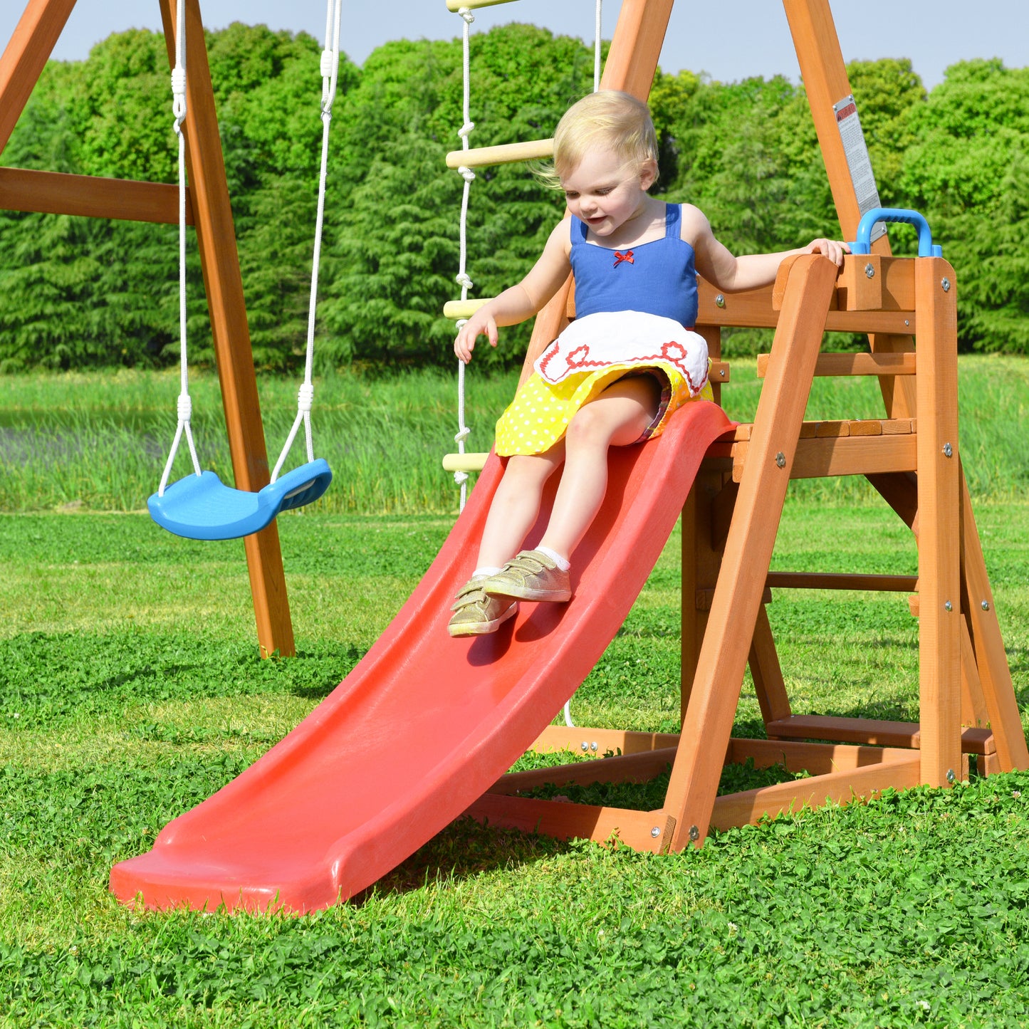 Wooden Outdoor Swing Set with Slide, Climbing Rope Ladder, and Swing for Kids