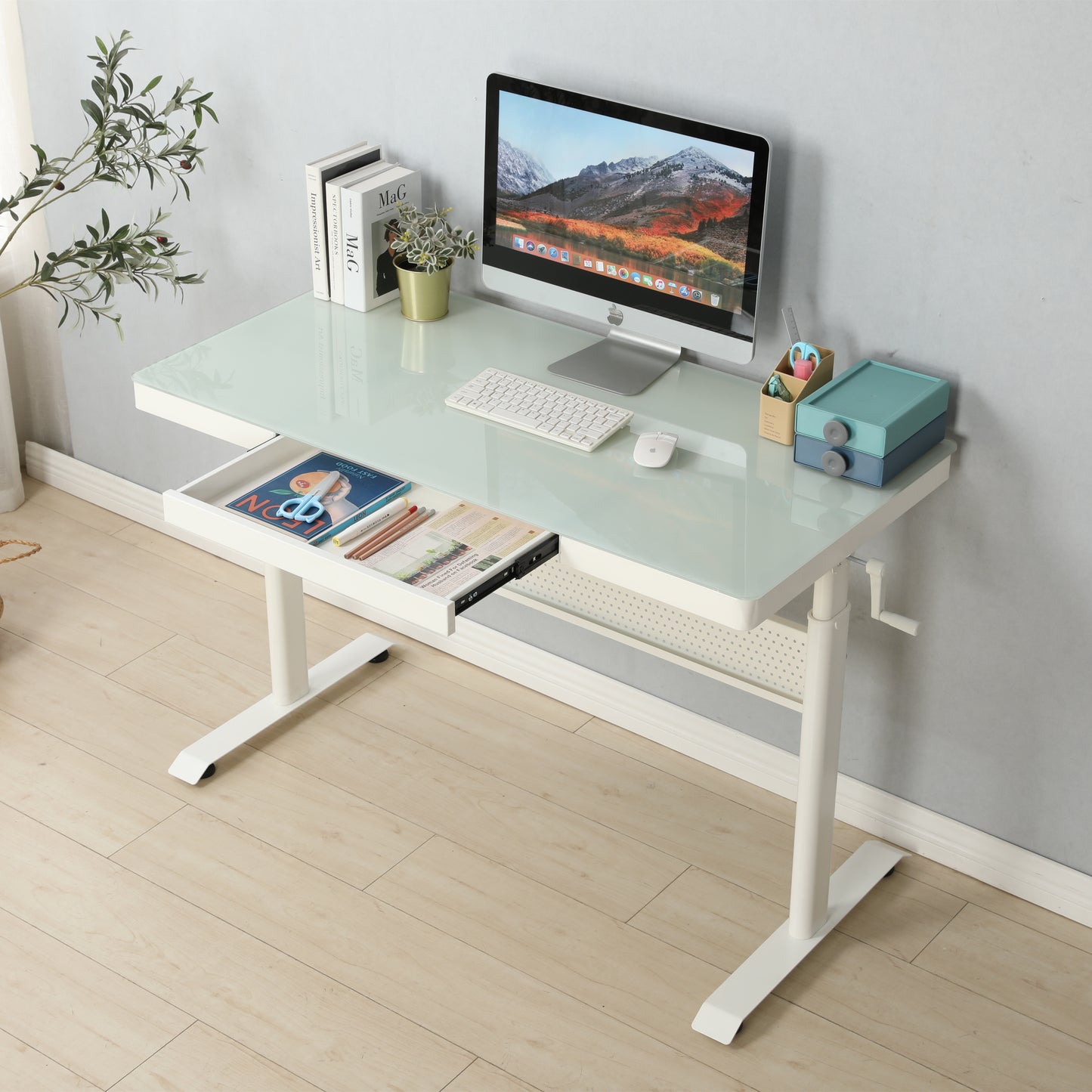 Height-Adjustable Glass Desk with Metal Drawer, 48 x 24 Inches