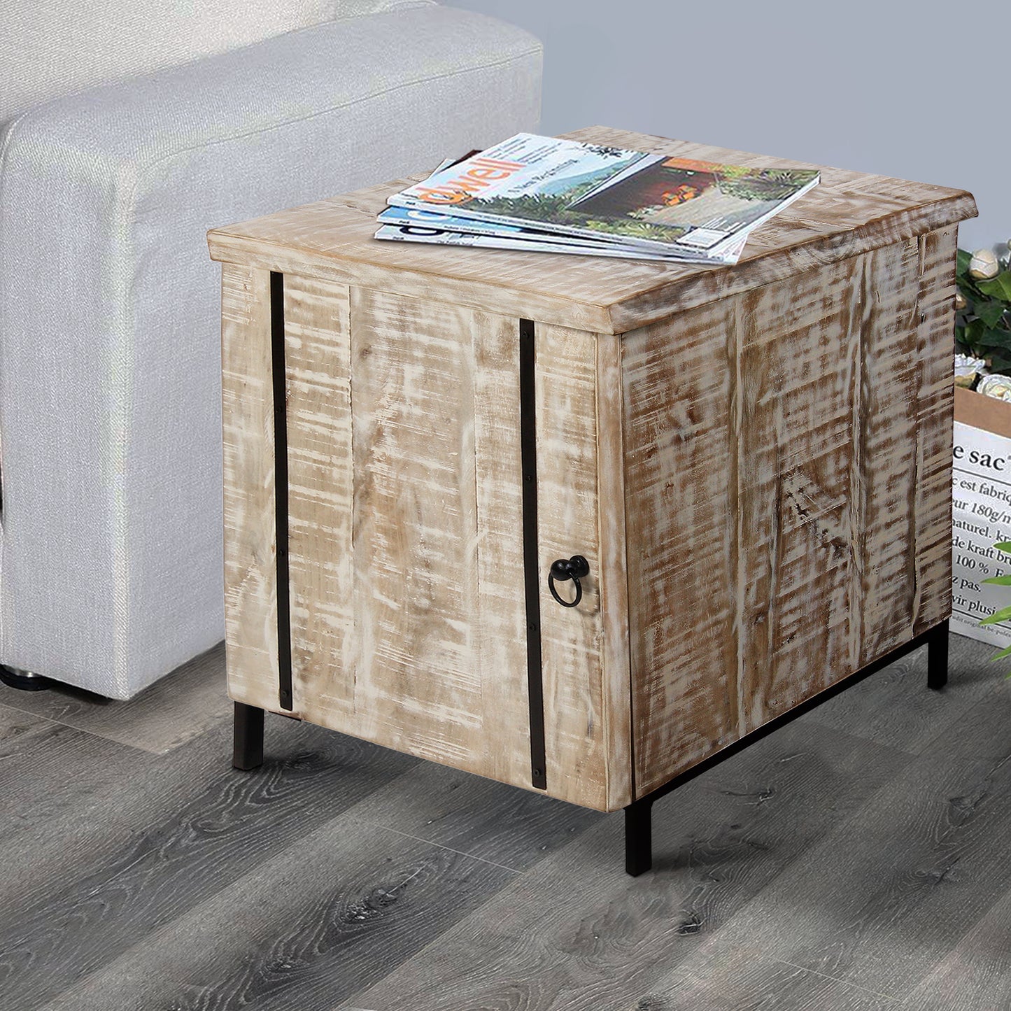 Wooden Bedside Table with 1 Door and Metal Frame, Antique White and Black