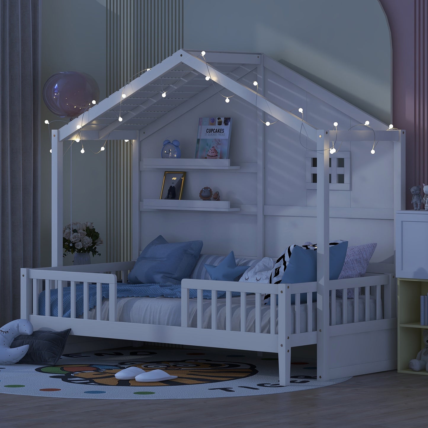 Twin Size House Bed with Shelves, House Bed with Window and  Sparkling Light Strip on the Roof, White