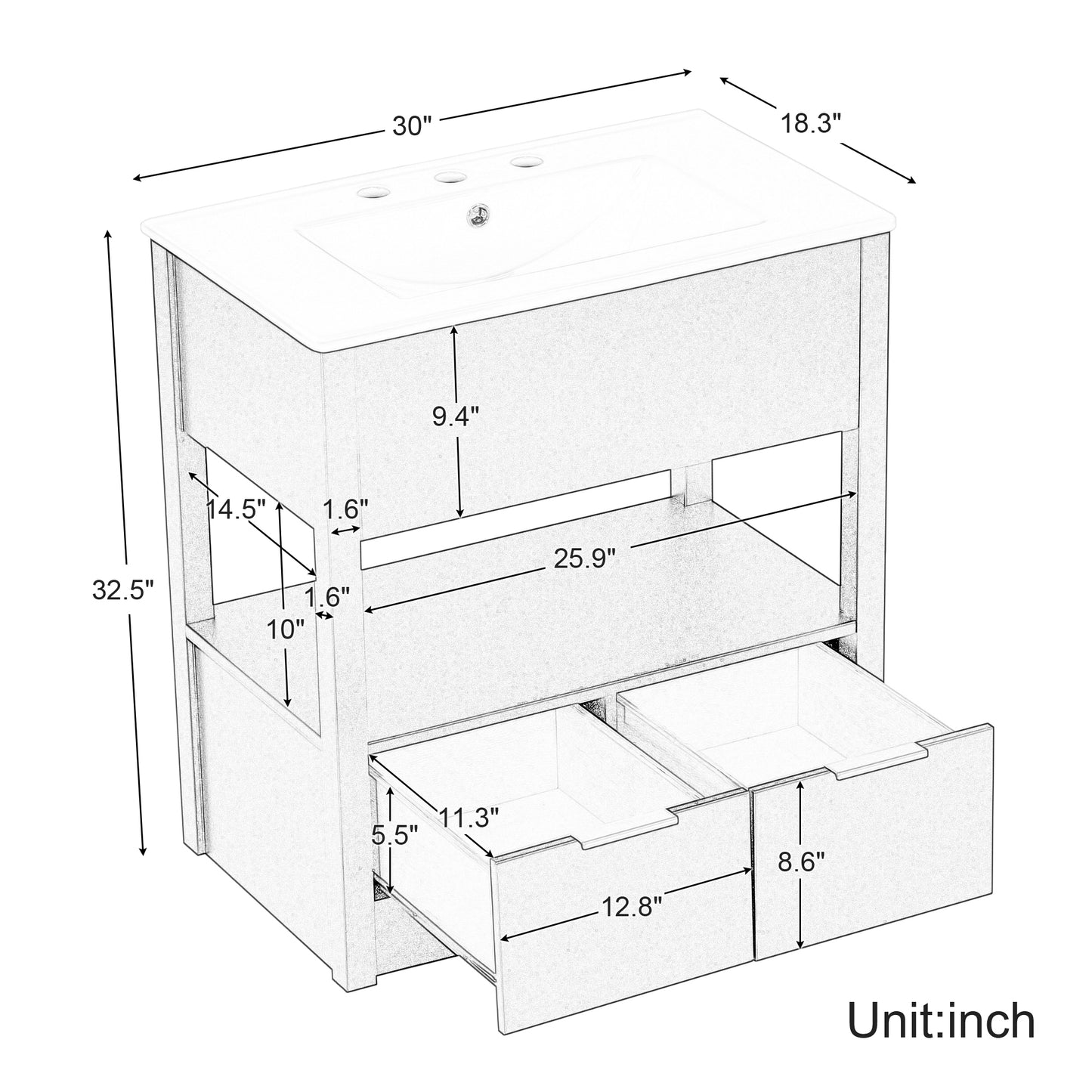 30" Bathroom Vanity with Sink Top, Bathroom Cabinet with Open Storage Shelf and Two Drawers, One Package, Black