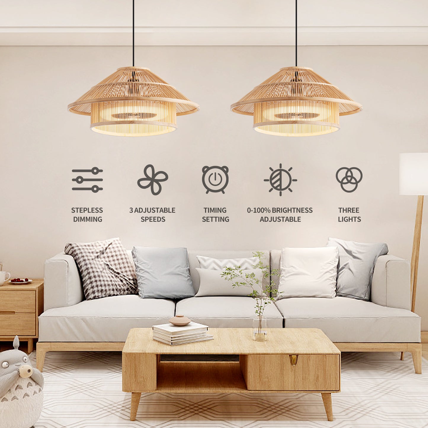 Bamboo Ceiling Fan Lights with Stepless Dimming