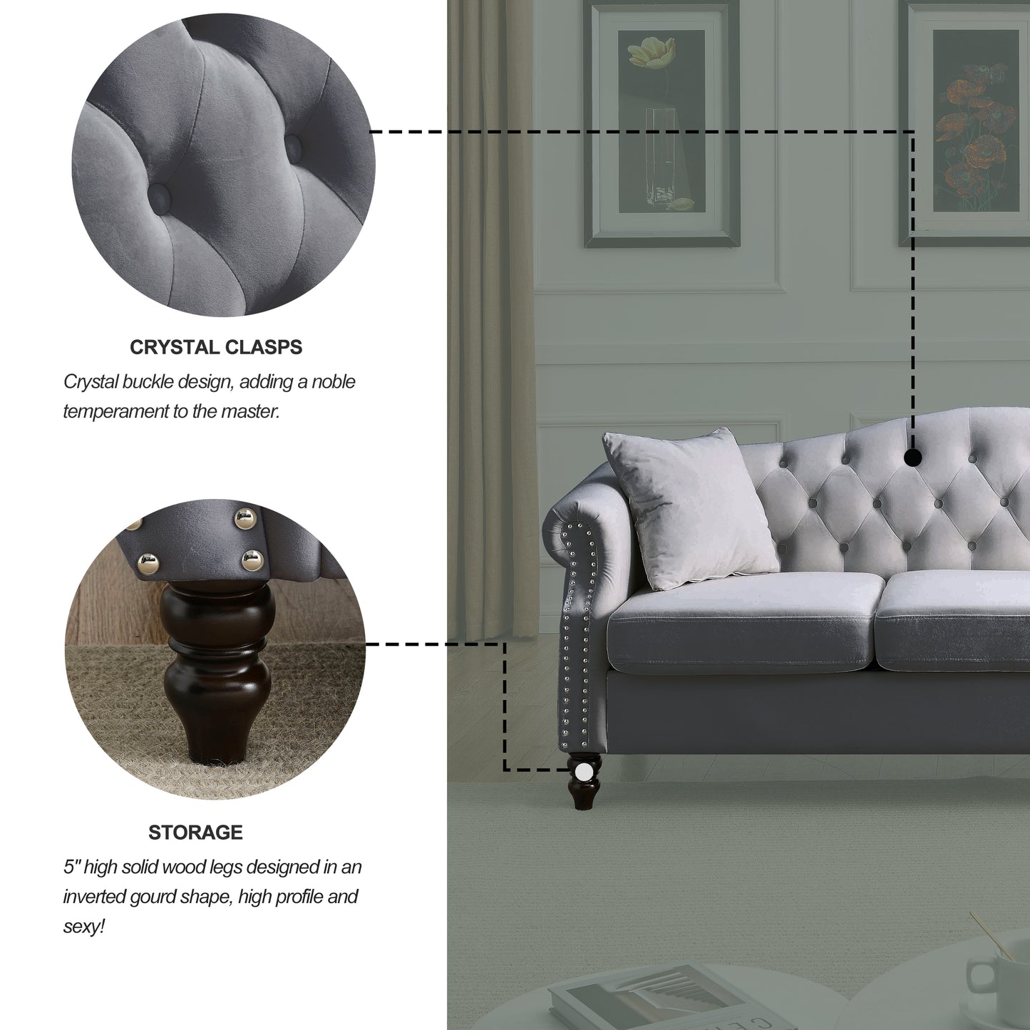 [Video] 79" Chesterfield Sofa Grey Velvet for Living Room, 3 Seater Sofa Tufted Couch with Rolled Arms and Nailhead for Living Room, Bedroom, Office, Apartment, two pillows