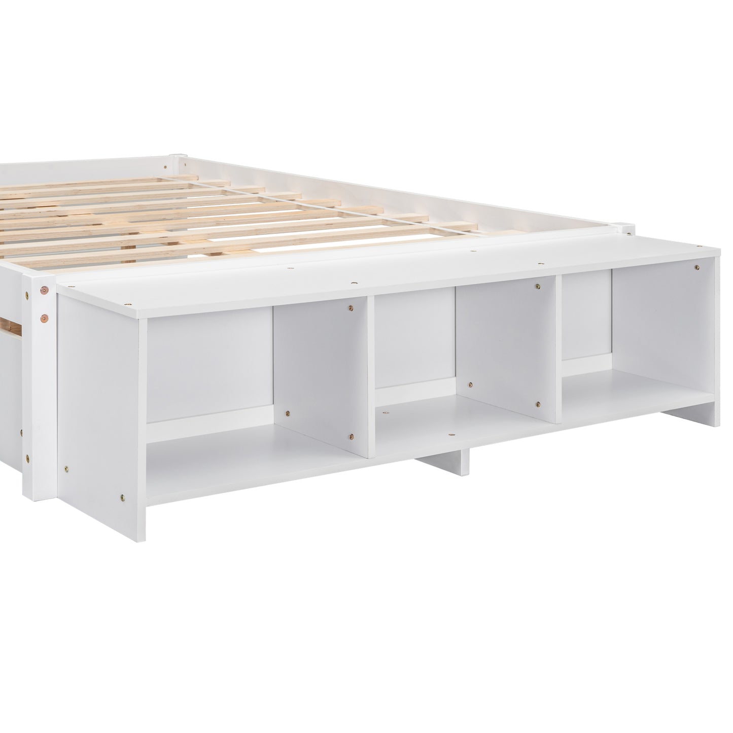 Full Size Bed with Storage Case, 2 Storage drawers, Lengthwise Support Slat,White