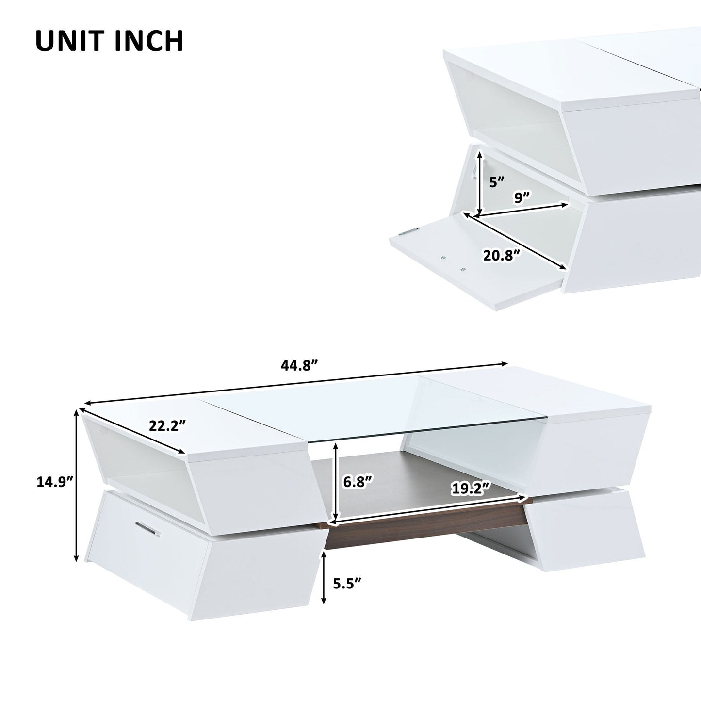 6mm Glass-Top White Coffee Table with Open Shelves and Cabinets