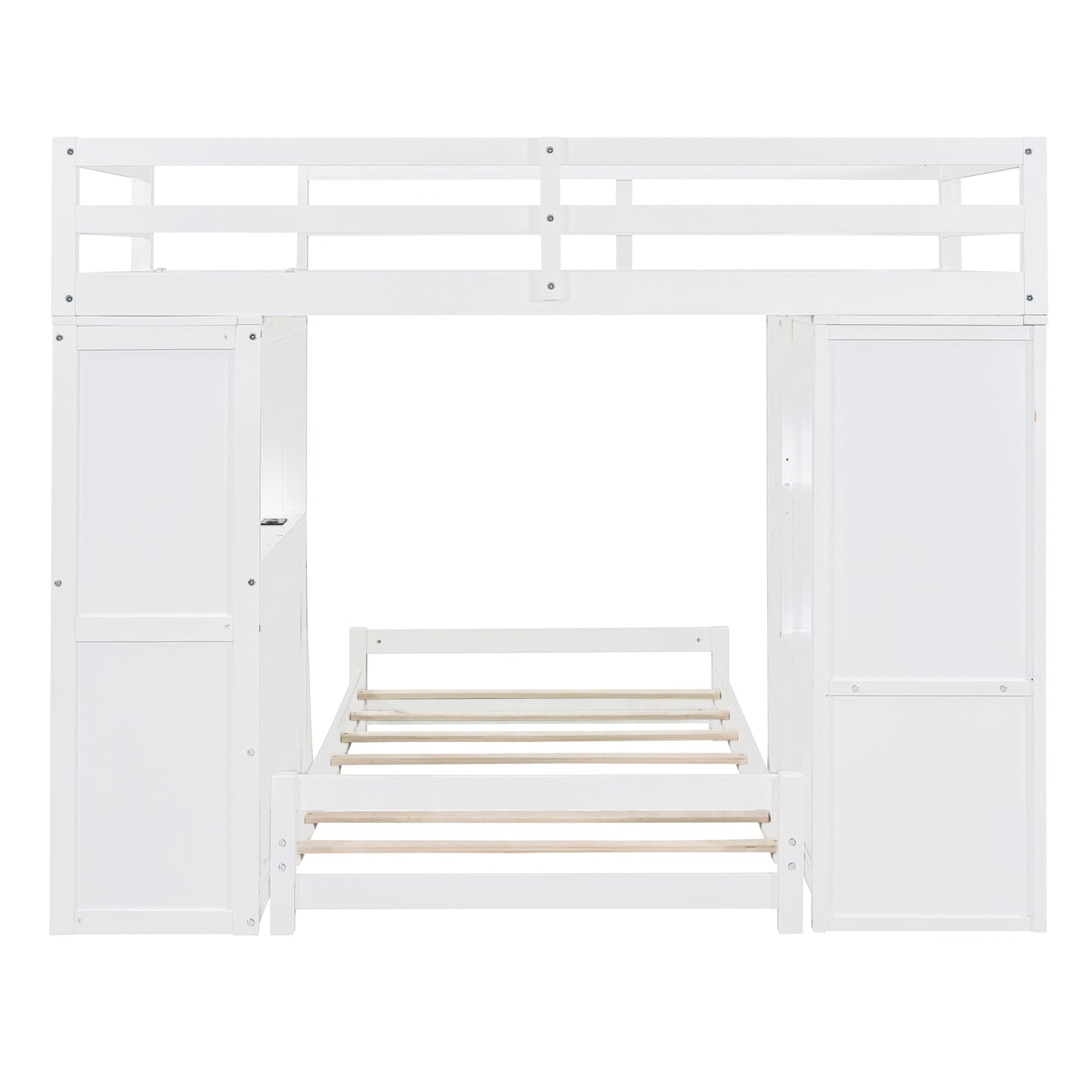 White Twin Bunk Bed with LED Light, USB Ports, and Storage Options