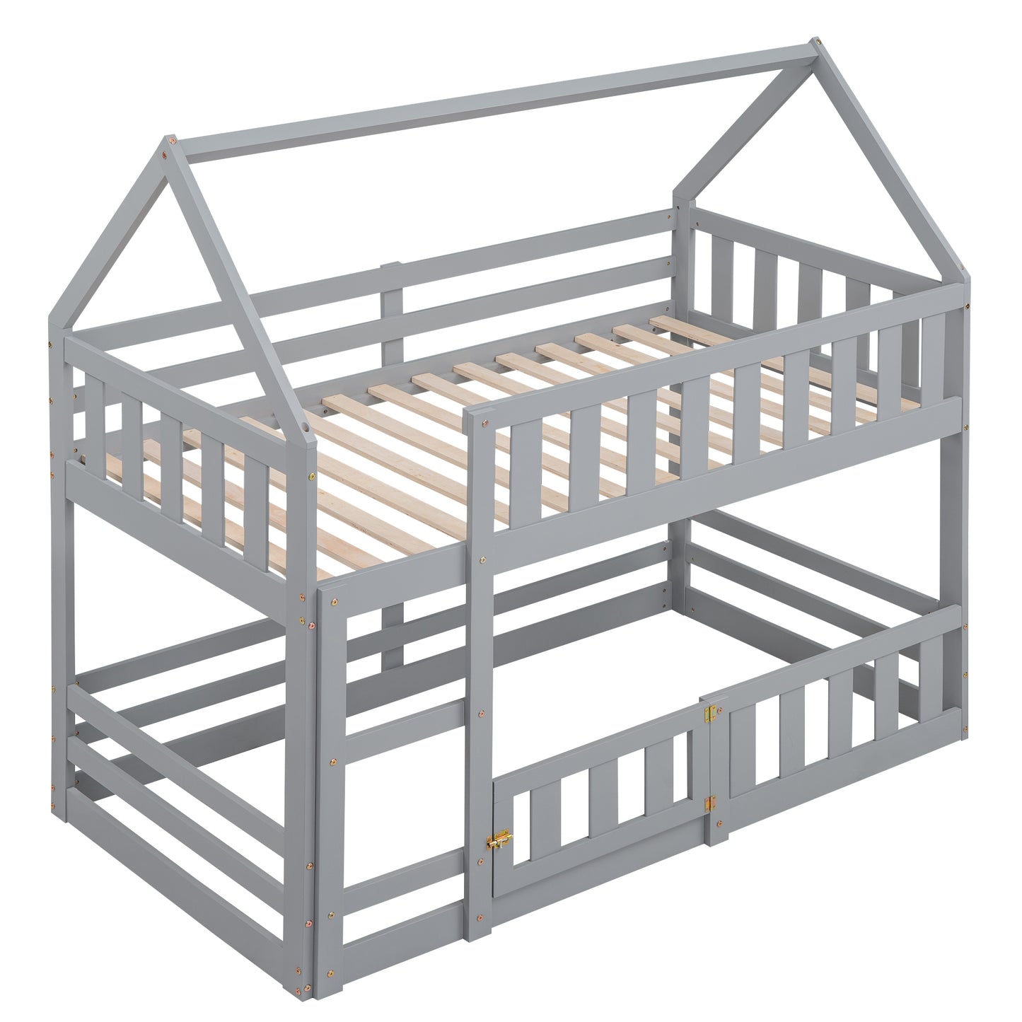 Twin House Bunk Bed with Gray Fence and Door