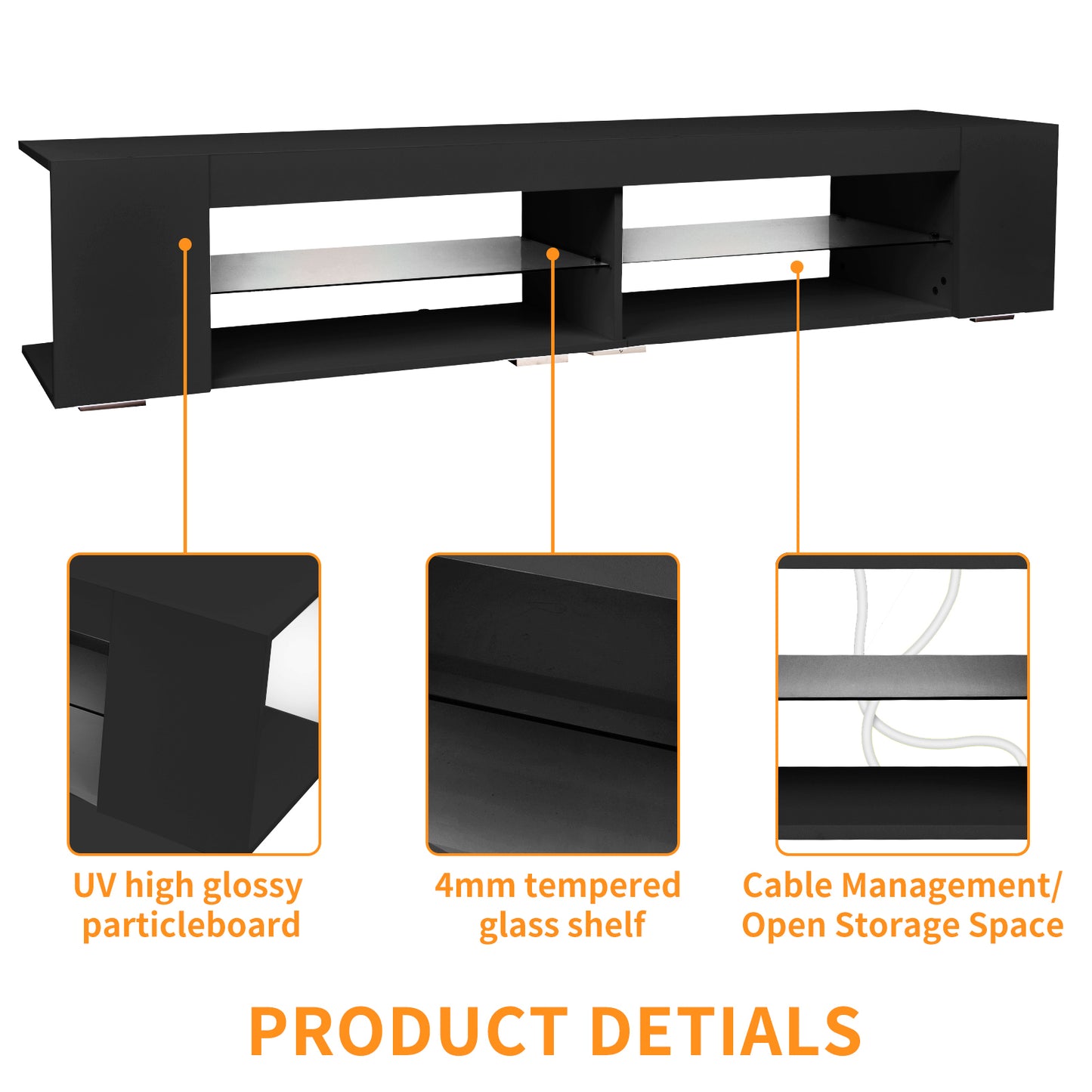 Modern High Gloss LED TV Stand with RGB Remote Control and Storage System