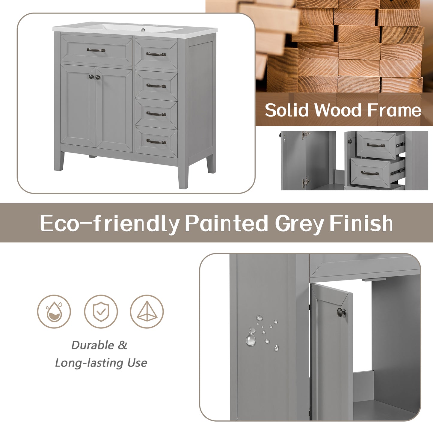 36" Bathroom Vanity without Sink, Cabinet Base Only, Bathroom Cabinet with Drawers, Solid Frame and MDF Board, Grey