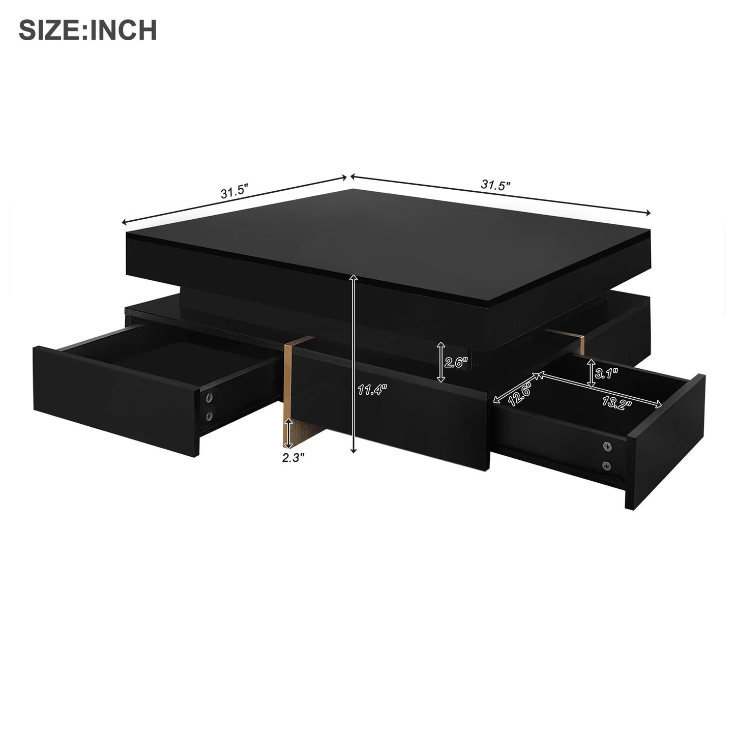 Modern Sleek Black Coffee Table with Wood Grain Legs and 4 Drawers, Square Multi-Storage Center Table for Living Room, 31.5''x31.5'', Black