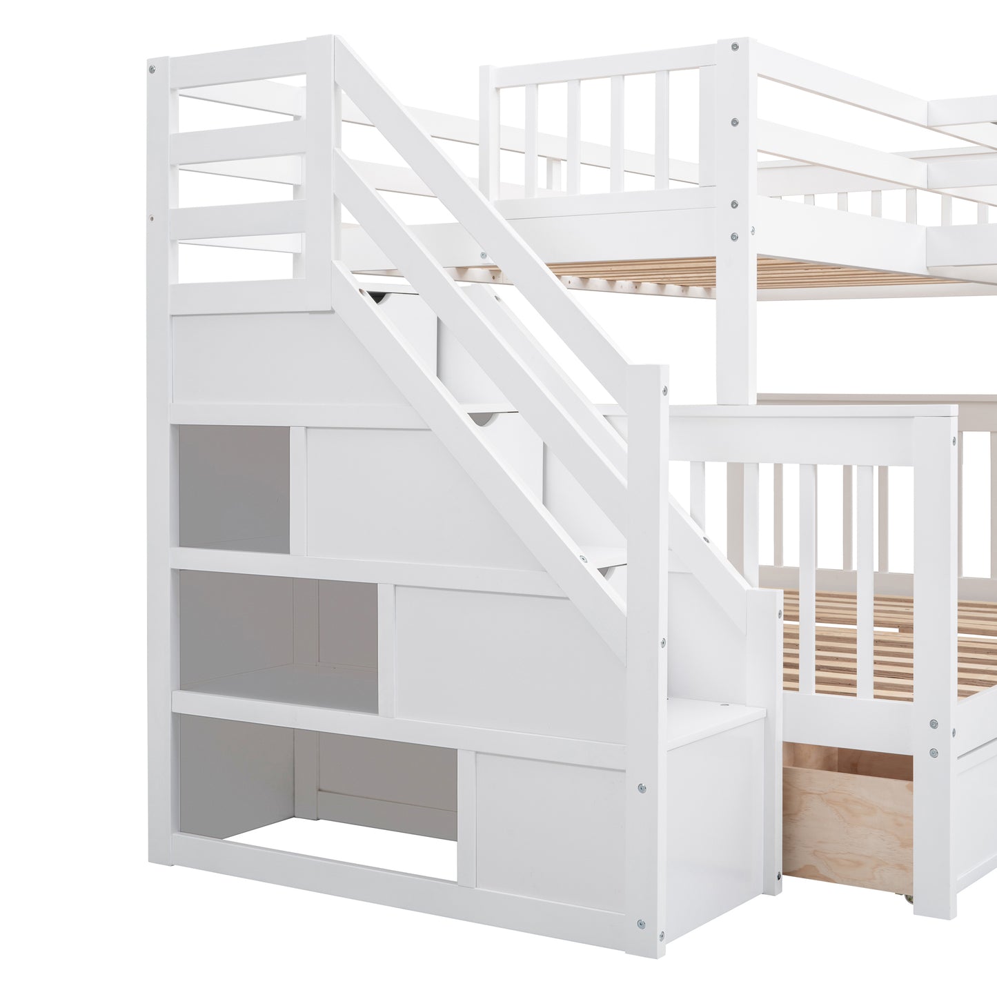 L-Shaped Bunk Bed Set with Desks, Wardrobe, Drawers, White - Space-Saving Sleepover Solution