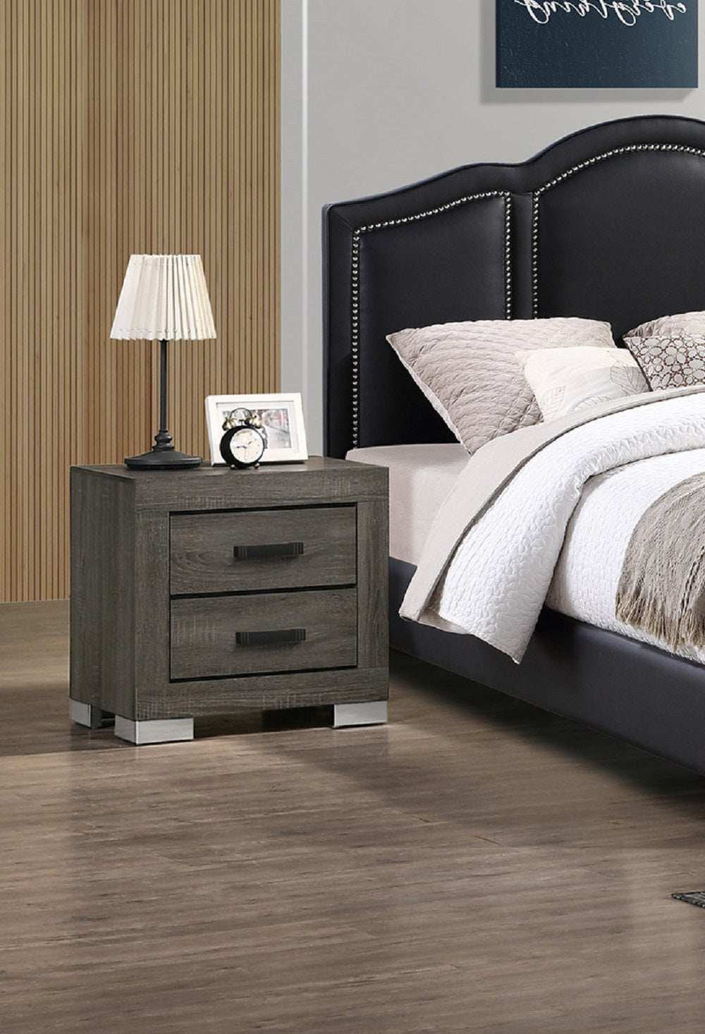 2 Drawers Wood Nightstand With Black Handles In Grey