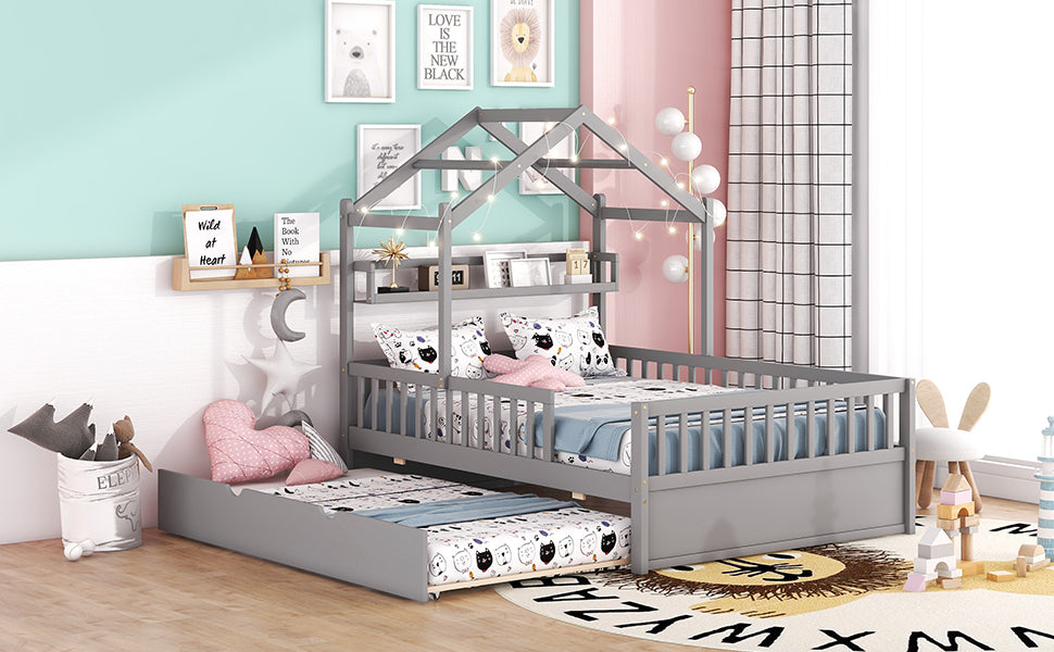 Wooden Full Size House Bed with Trundle,Kids Bed with Shelf,Grey