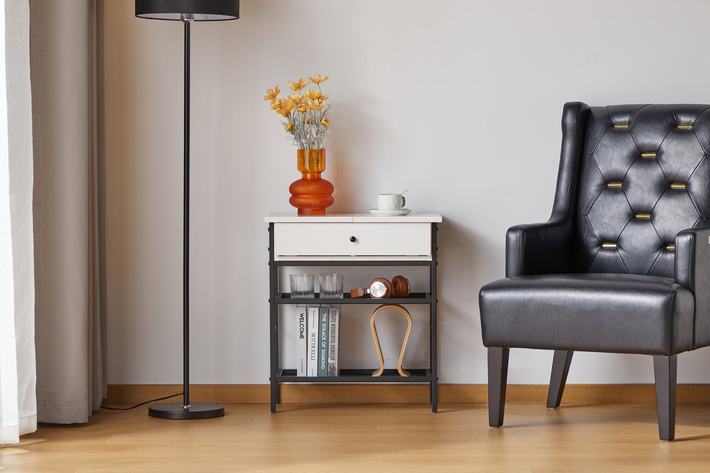 Sleek White End Table with Charging Station for Living Room and Bedroom