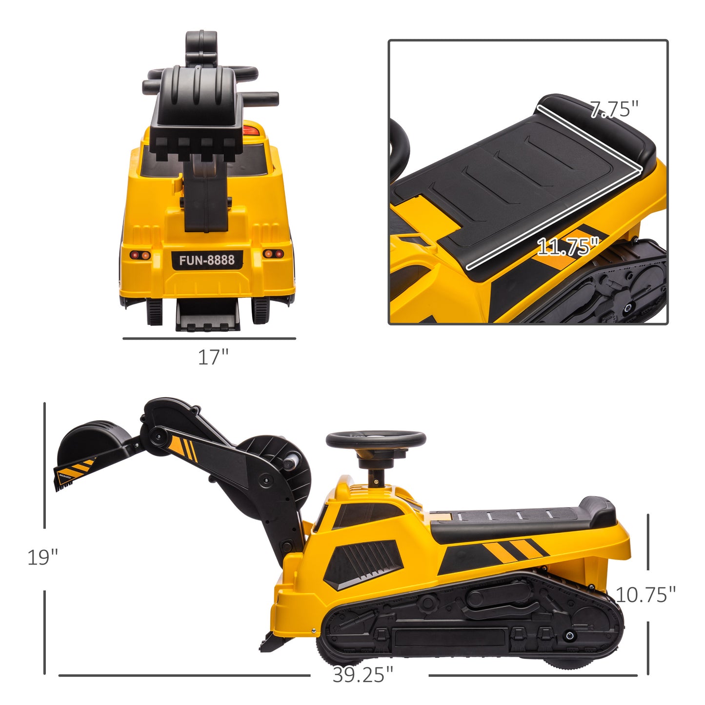 3-in-1 Yellow Ride-On Excavator Bulldozer Road Roller for 18-48 Months