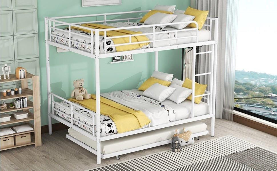 Contemporary White Full Metal Bunk Bed with Trundle