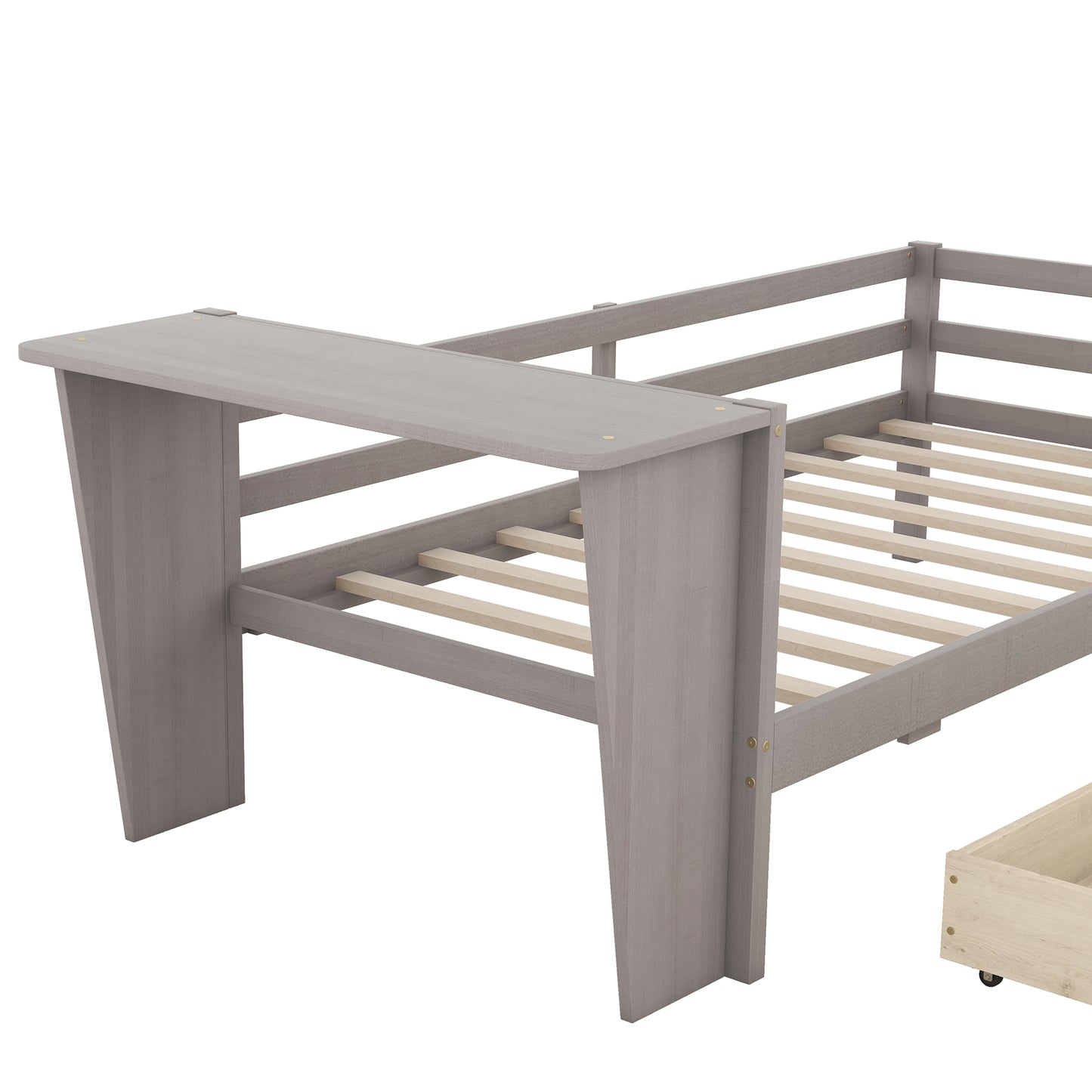 Twin Size Daybed with Desk, Green Leaf Shape Drawers and Shelves, Gray