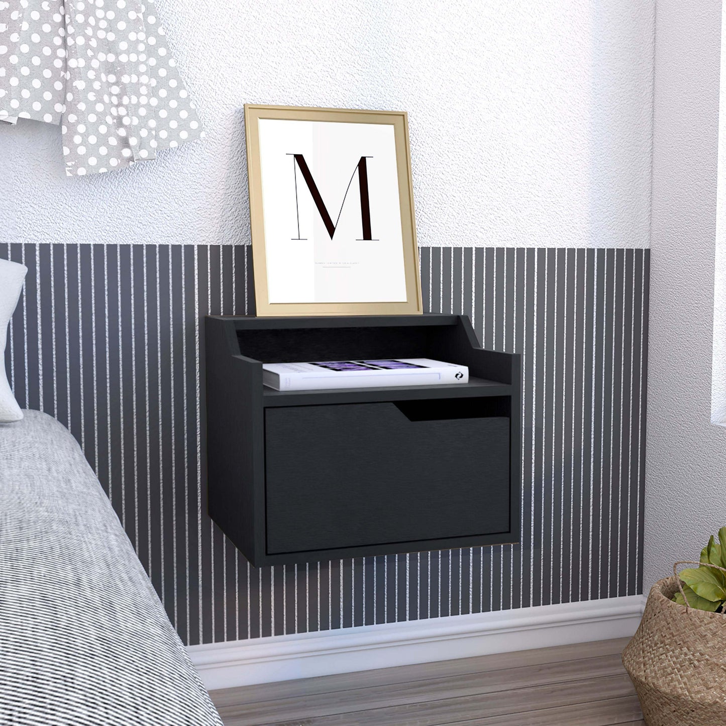 Busan Modern Floating Nightstand, Single-Drawer Design with Sleek Two-Tiered Top Shelf Surfaces- Black - Bedroom