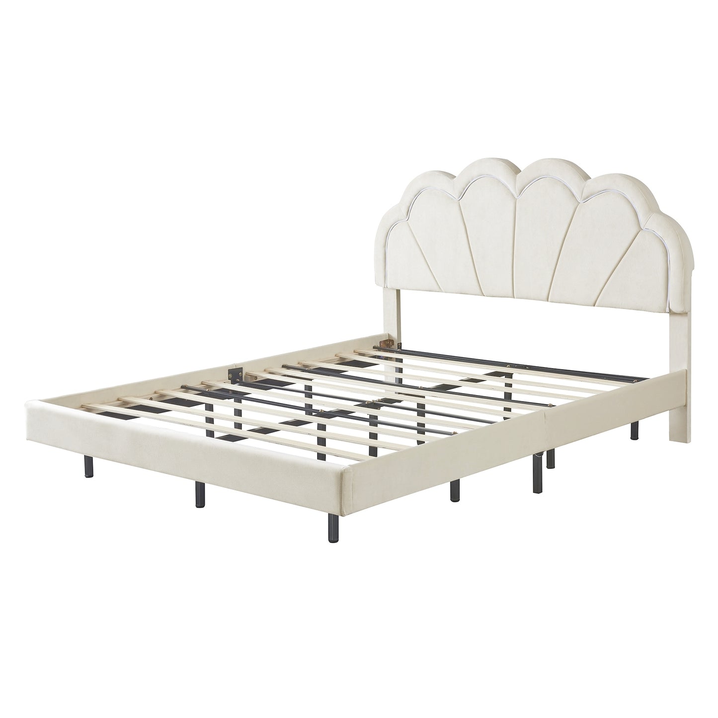 Queen Upholstered Smart LED Bed Frame with Elegant Flowers Headboard,Floating Velvet Platform LED Bed with Wooden Slats Support,Beige