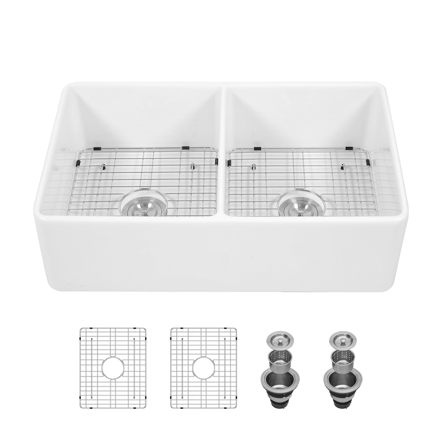 33 Double Bowl White Ceramic Farmhouse Kitchen Sink with Stainless Steel Accessories