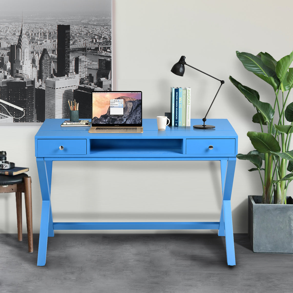 Height-Adjustable Blue Desk with 2 Drawers and Lift-Up Top