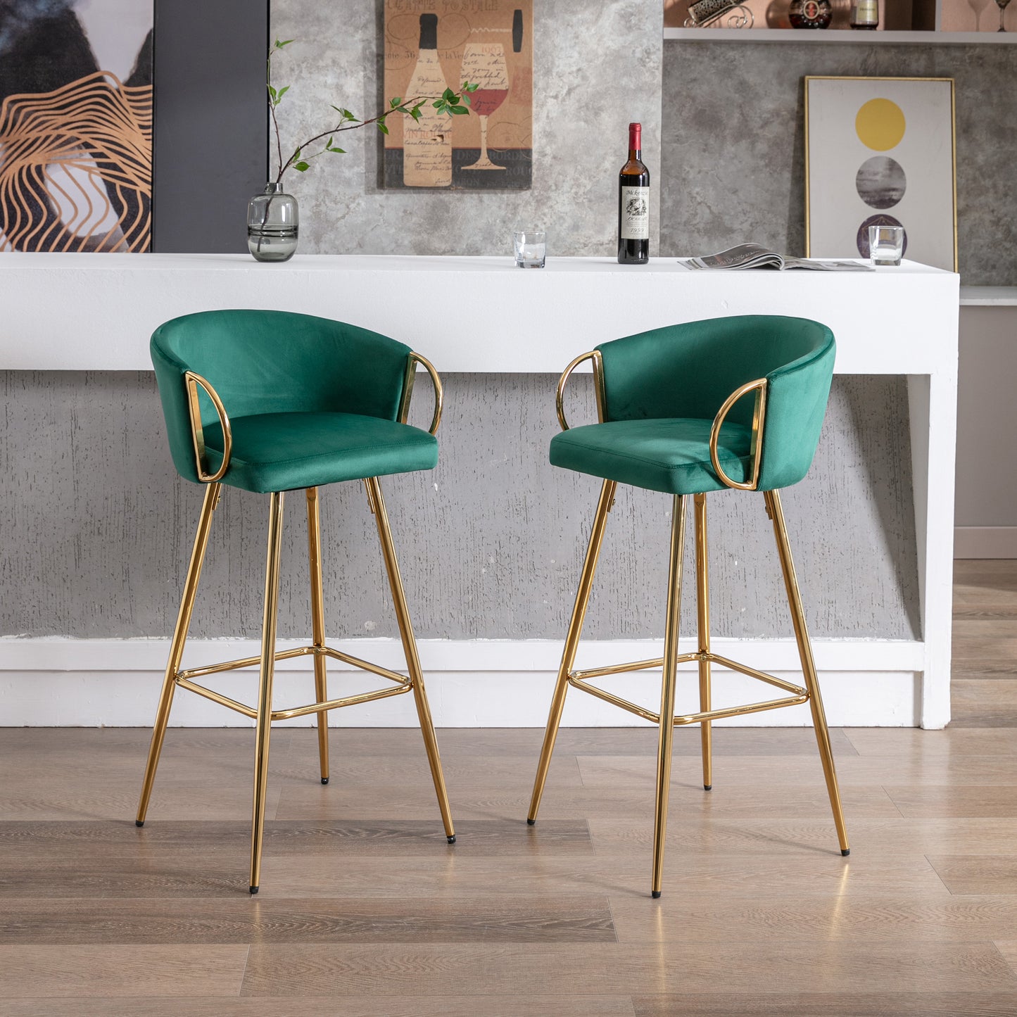 30 Inch Set of 2 Bar Stools,with Chrome Footrest and Base Velvet + Golden Leg Simple Bar Stool,GREEN