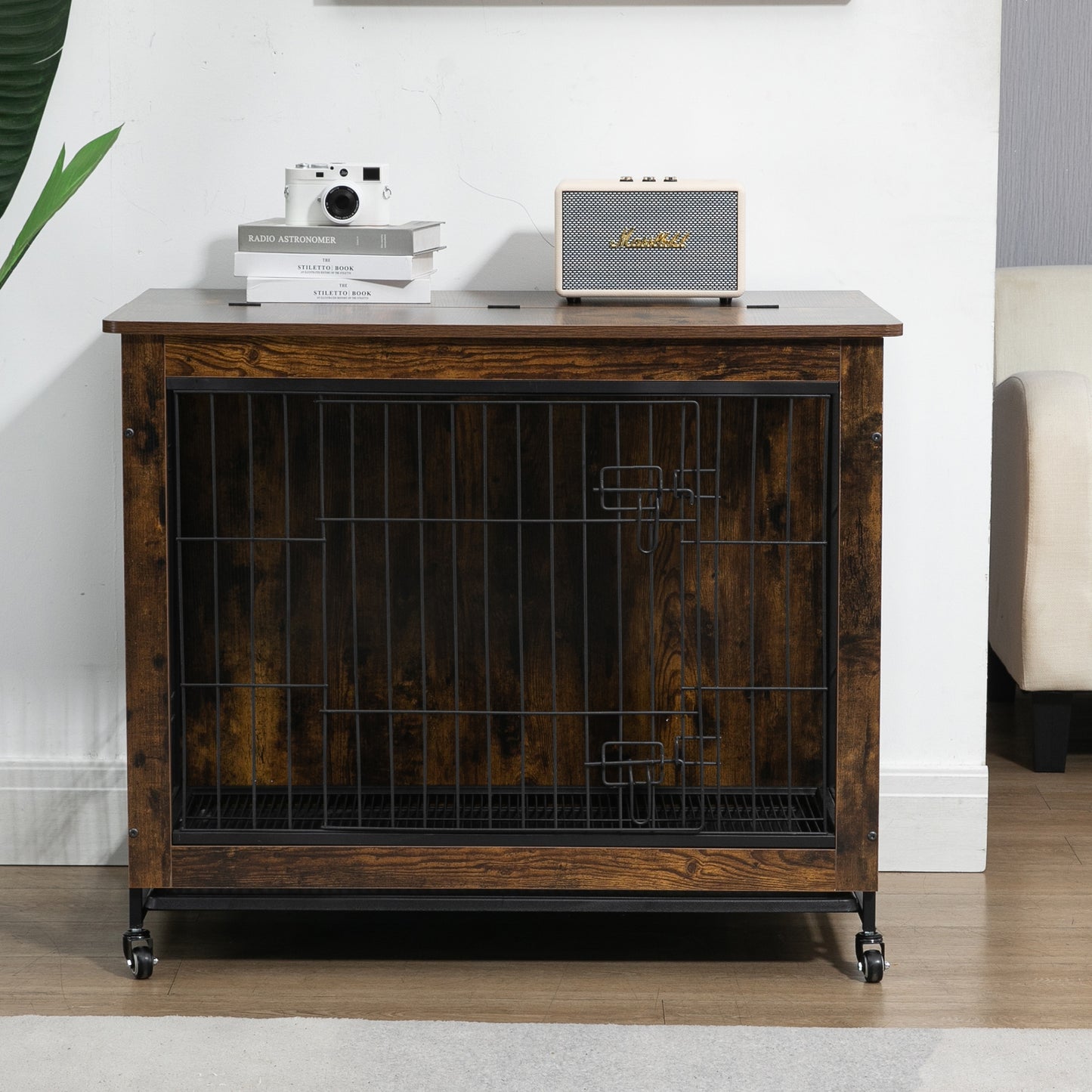 23.6"L x 20"W x 26"H Dog Crate Furniture with Cushion, Wooden Dog Crate Table, Double-Doors Dog Furniture, Dog Kennel Indoor for Small Dog, Dog House, Dog Cage Small,  Rustic Brown