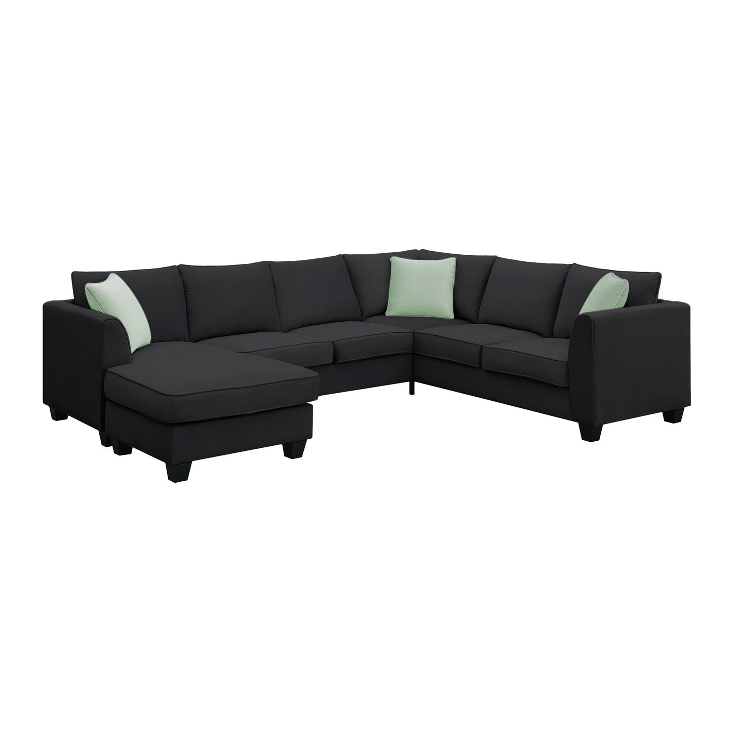 L-Shaped Black Sectional Couch Set with Ottoman and Pillows