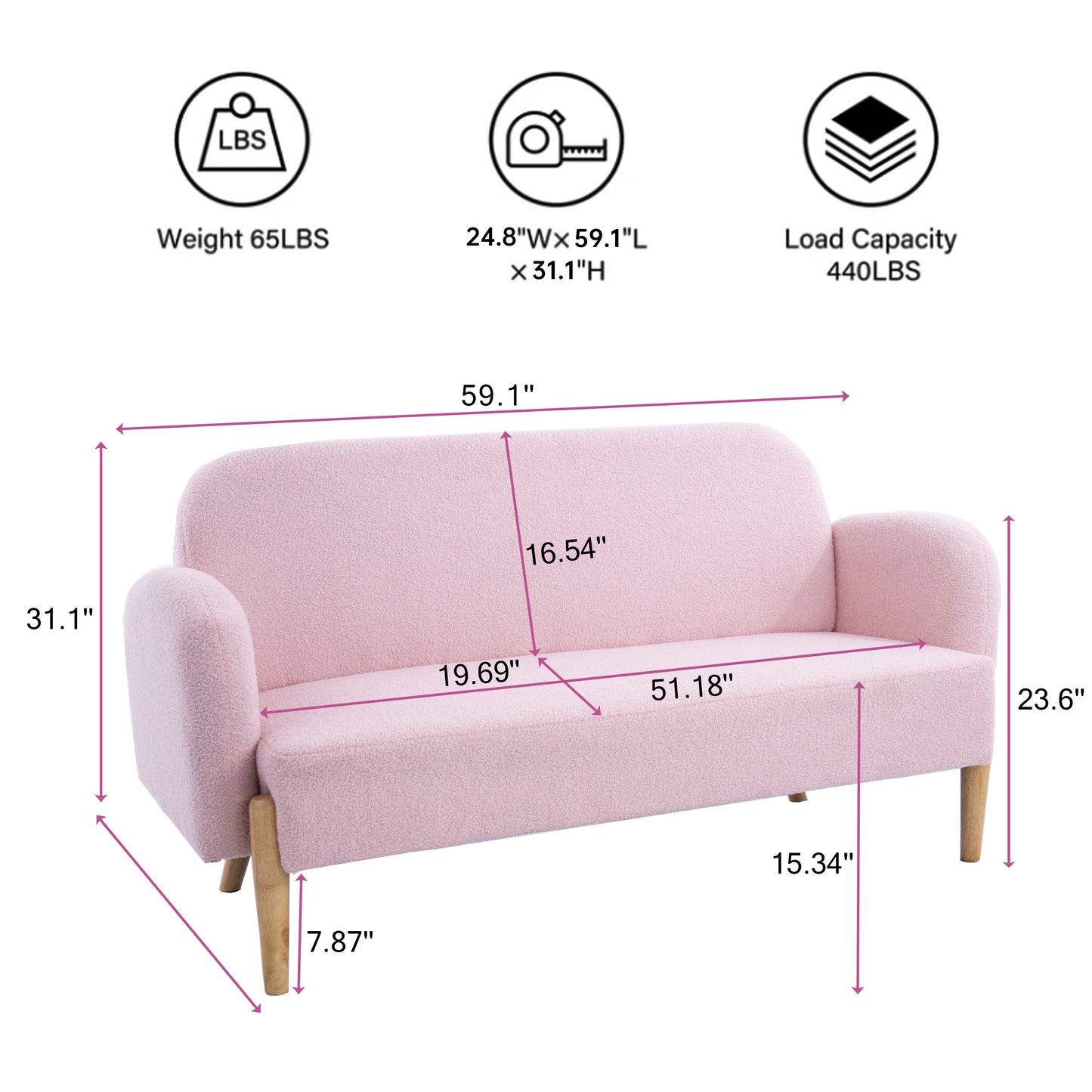 59.1 Pink Teddy Velvet Two-Seater Sofa with Three Lumbar Pillows