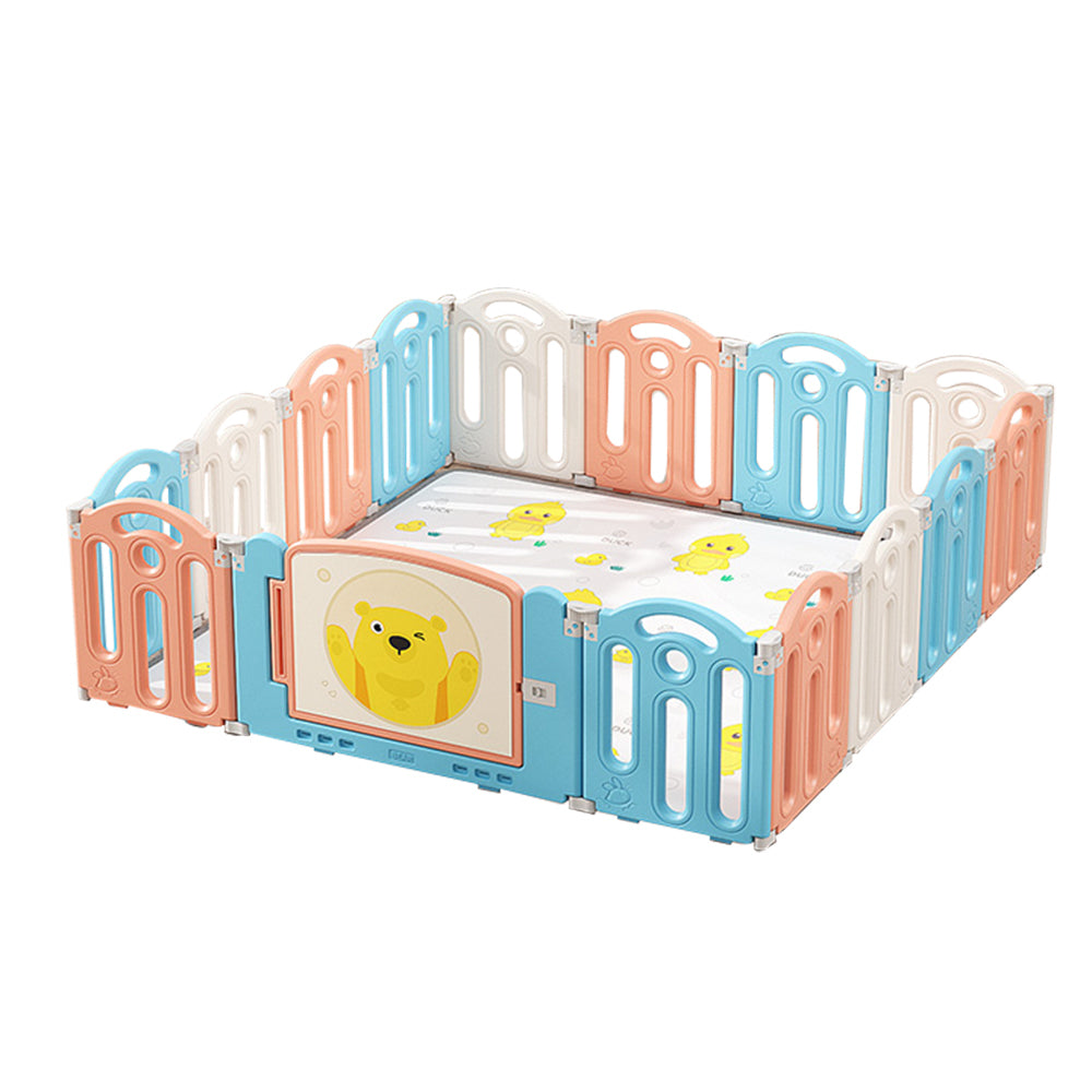 62.9 inch x 62.9inch Bear Macaron Color Foldable Playpen, Baby Safety Play Yard With Fence Indoor Toys With Play mat 14panel and 1 play mat