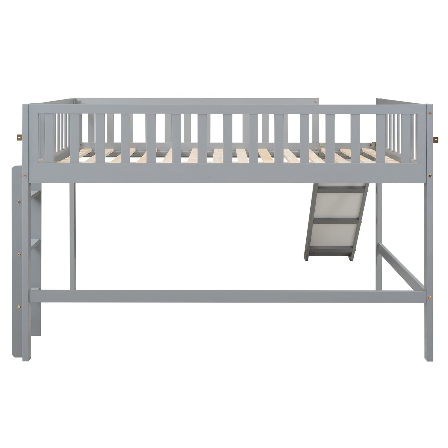 Full Size Low Loft Bed with Ladder and Slide,Gray