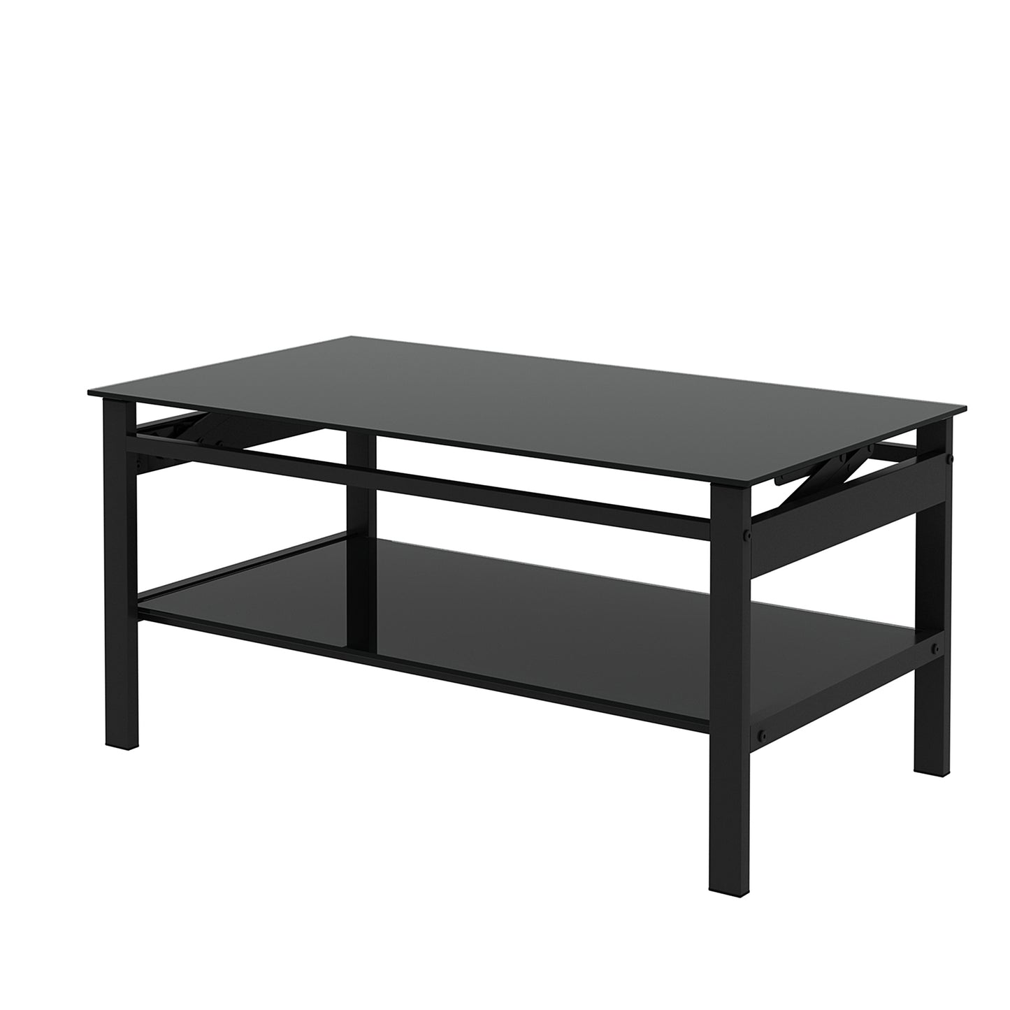 Modern Black Glass Coffee Table with Lift Top and 2-Layer Storage