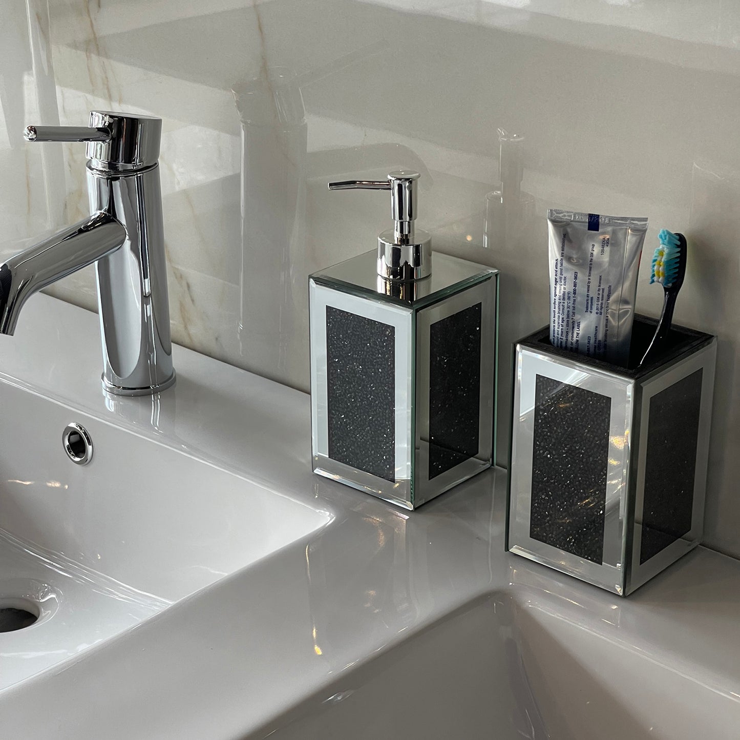 Contemporary Glass Square Soap Dispenser and Toothbrush Holder Bundle