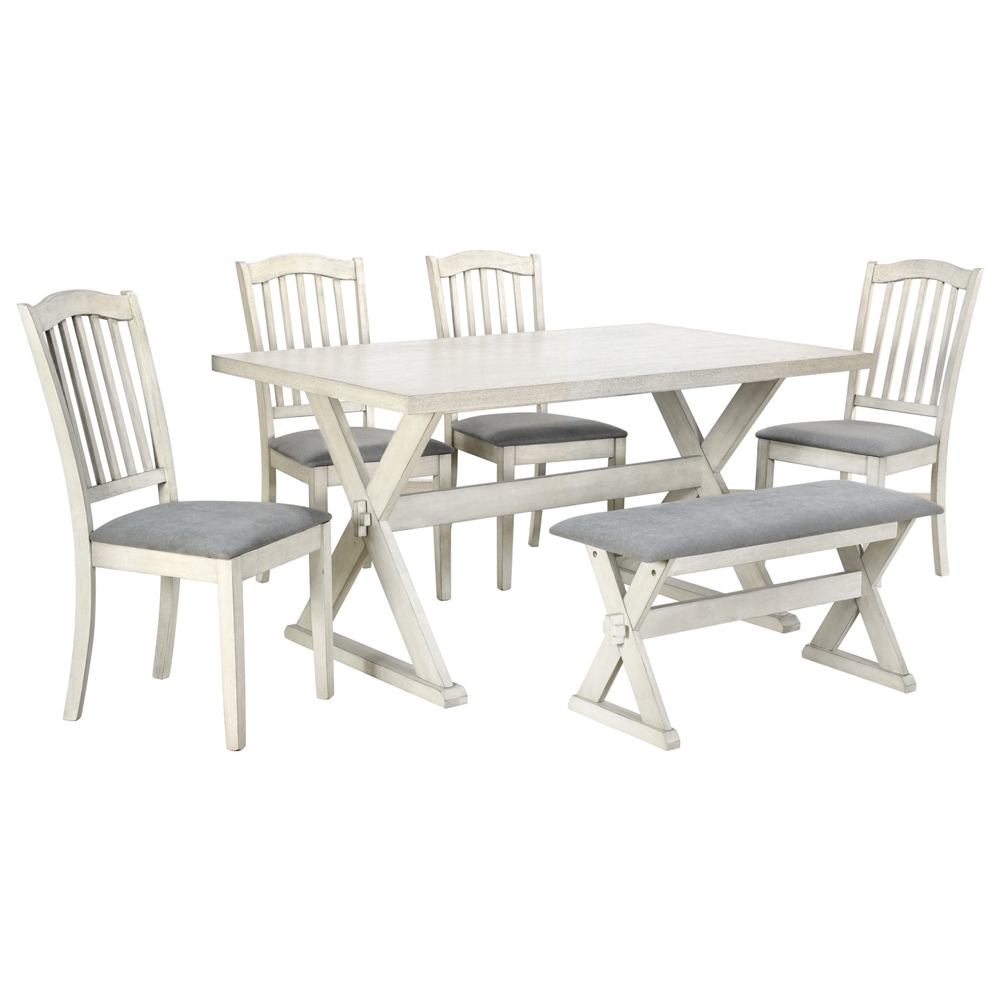 TREXM 6-Piece Rustic Dining Set, Rectangular Trestle Table and 4 Upholstered Chairs & 1 Bench for Dining Room (White Washed)