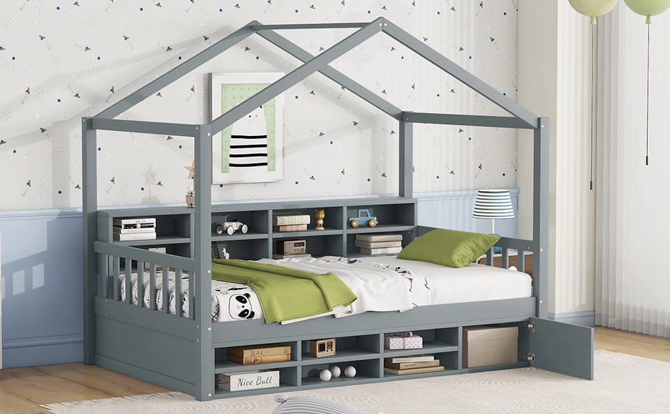 Twin Size Wooden House Bed with Shelves and a Mini-cabinet, Gray