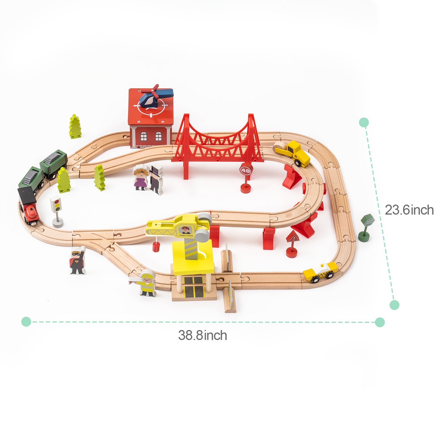 Wooden Train Set with Magnetic Trains and Mat - 64 pcs Accessories