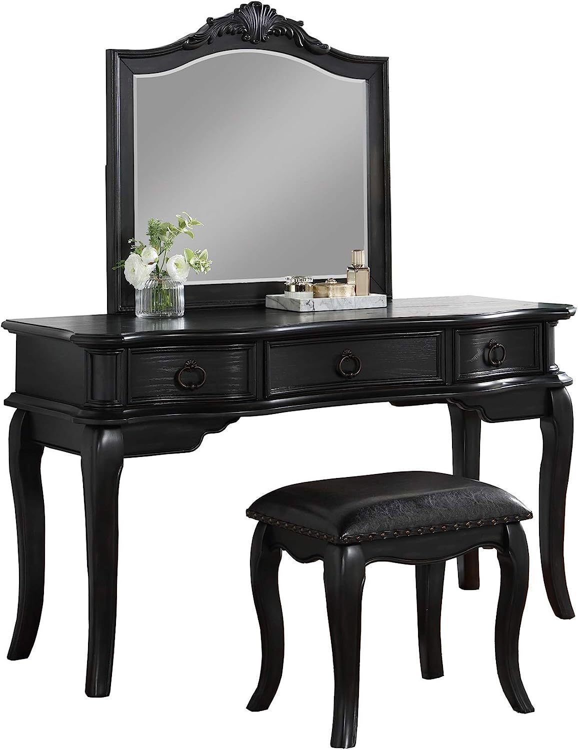 Contemporary Black Color Vanity Set w Stool Retro Style Drawers cabriole-tapered legs Mirror w floral crown molding Bedroom Furniture