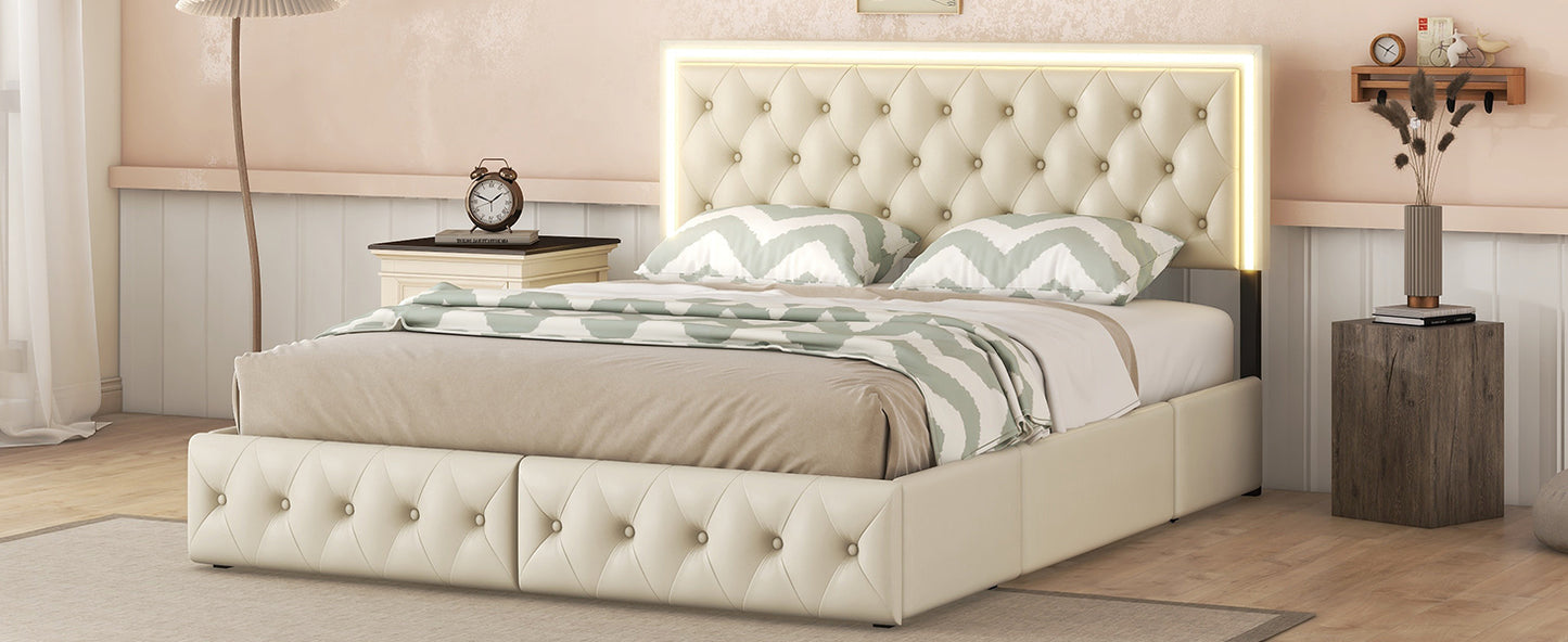 Queen Upholstered Bed Frame with 4 Storage Drawers, PU Leather Platform Bed with LED Headboard, No Box Spring Needed, Beige