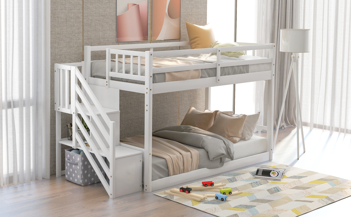 White Twin Floor Bunk Bed with Ladder and Storage