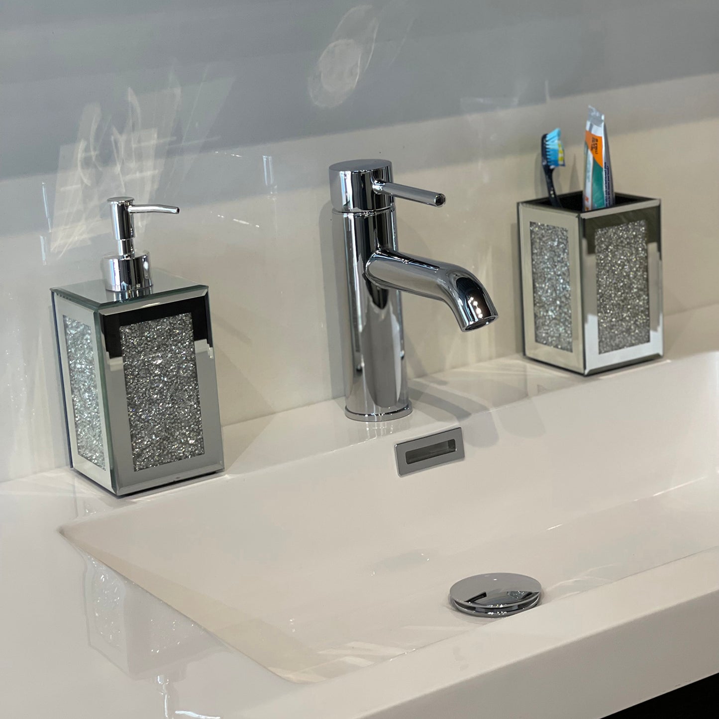 Elegant Glass Bathroom Soap Dispenser and Toothbrush Holder Set with Sophisticated Ambrose Design