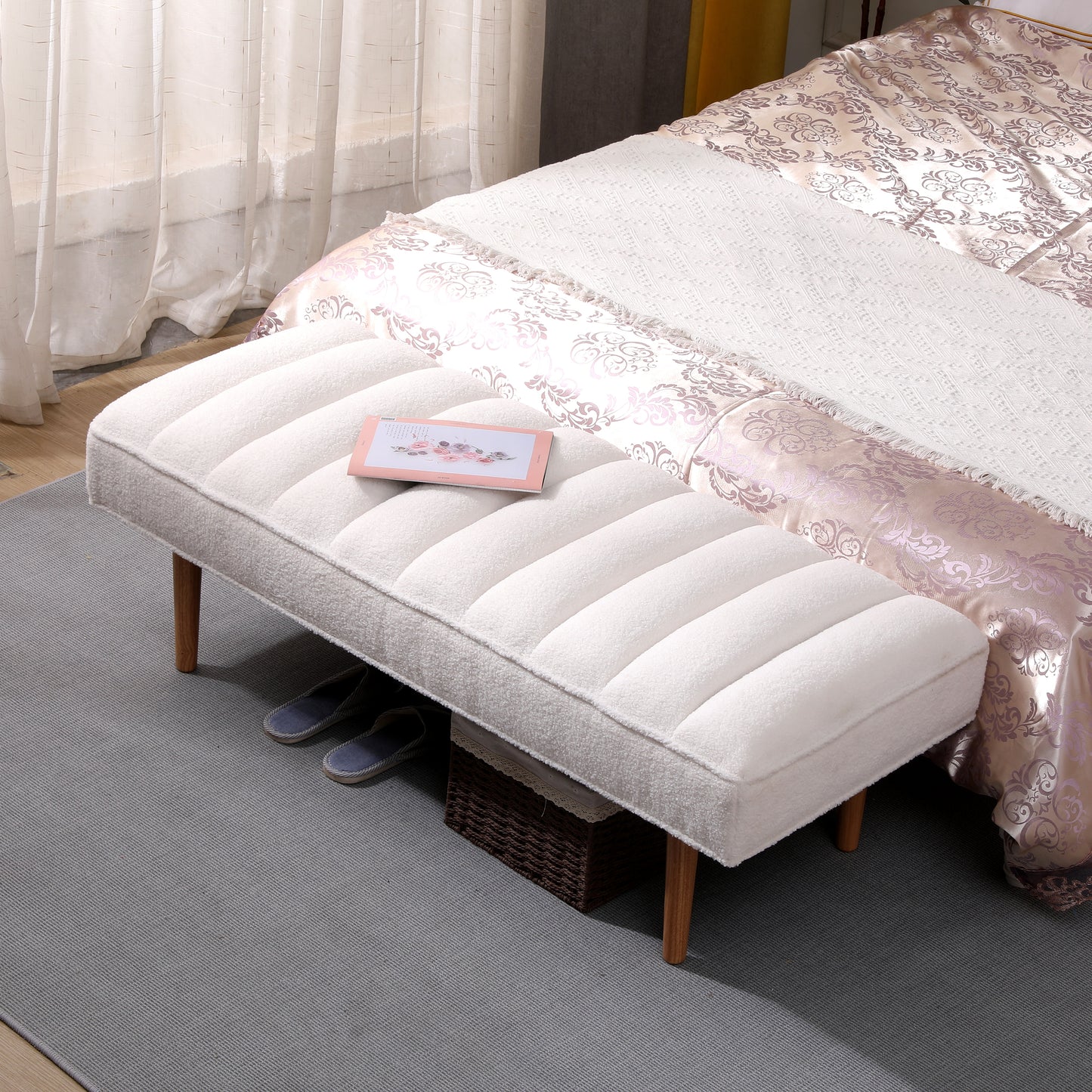 Channel Tufted Bench White Sherpa Upholstered End of Bed Benches with Wooden Legs (White)